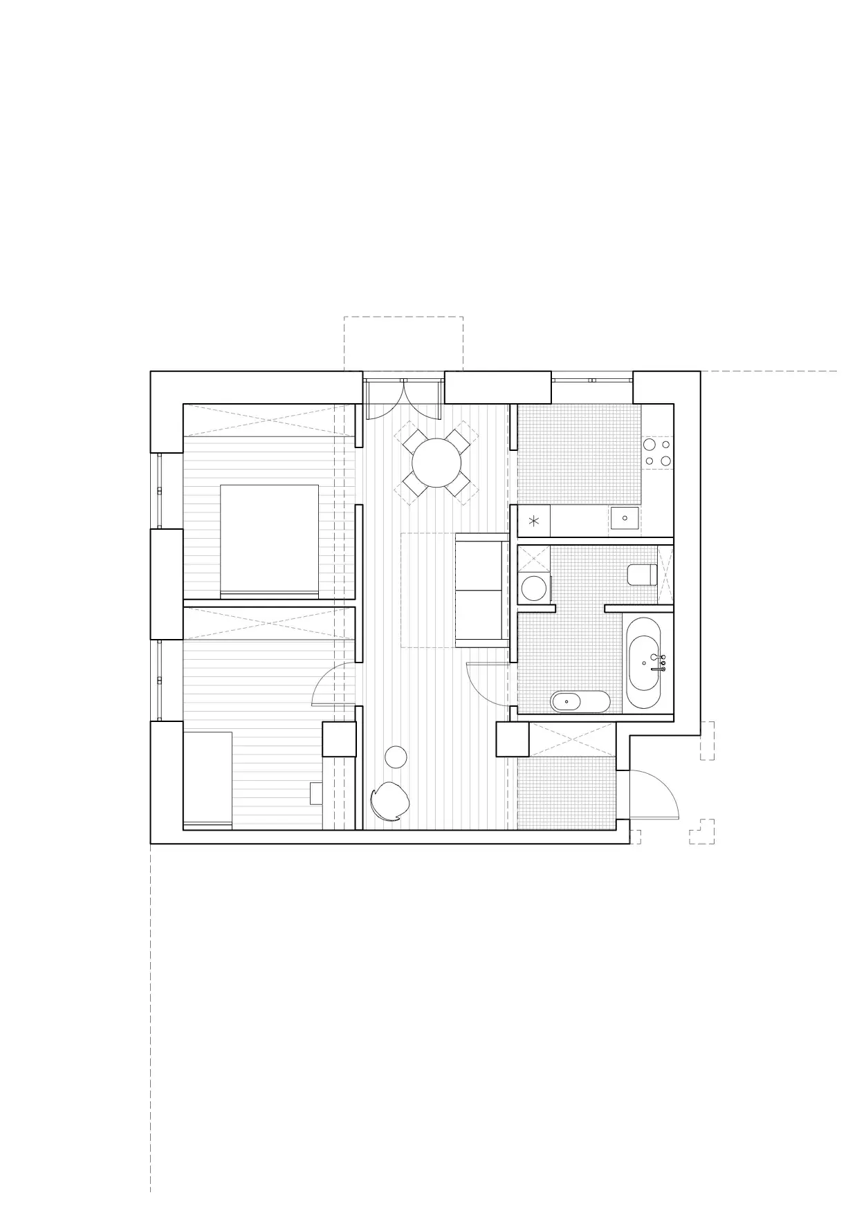 A detailed floor plan of a small one-room apartment.