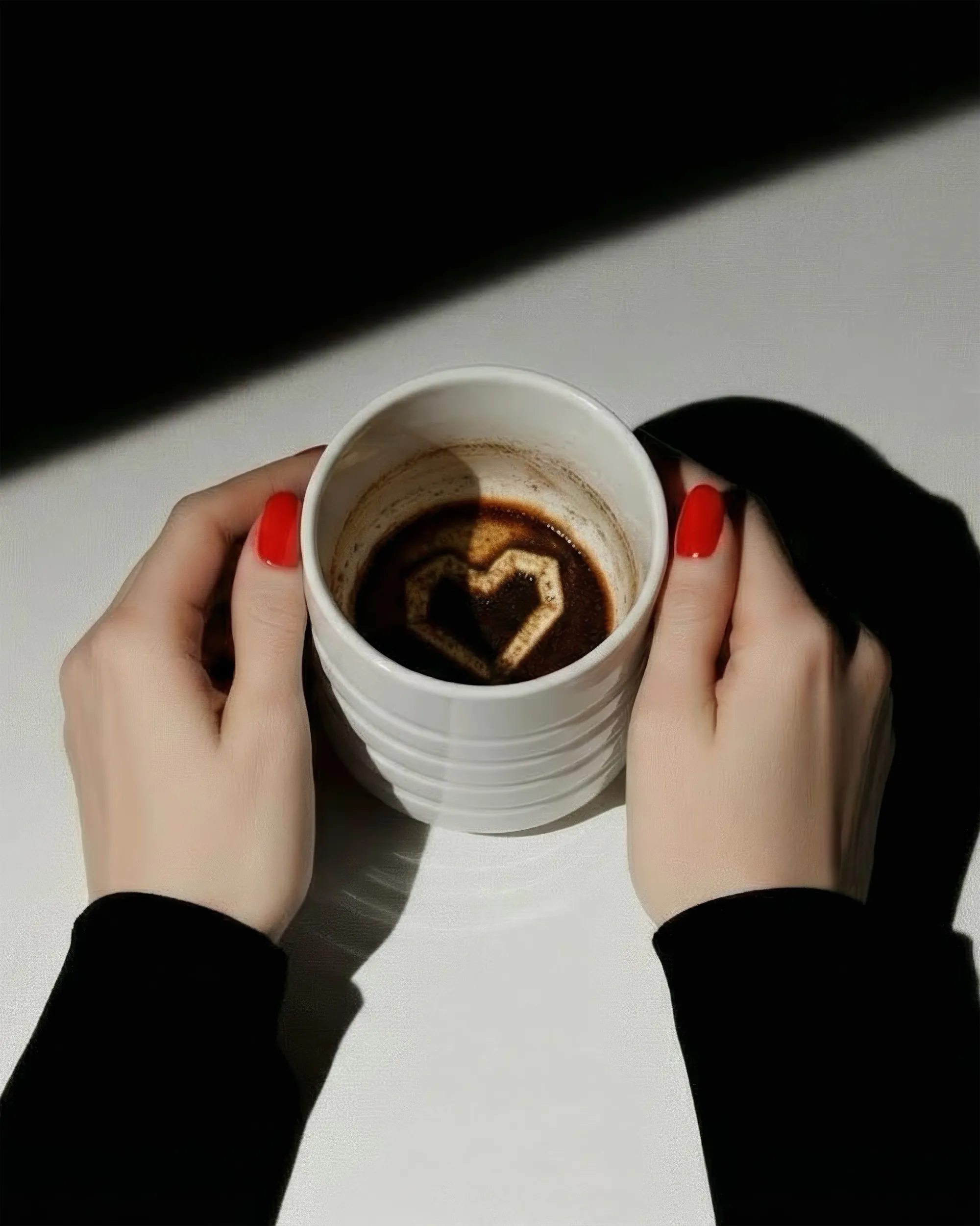 Руки с красными ногтями держат белую чашку с кофе и рисунком в виде сердца.