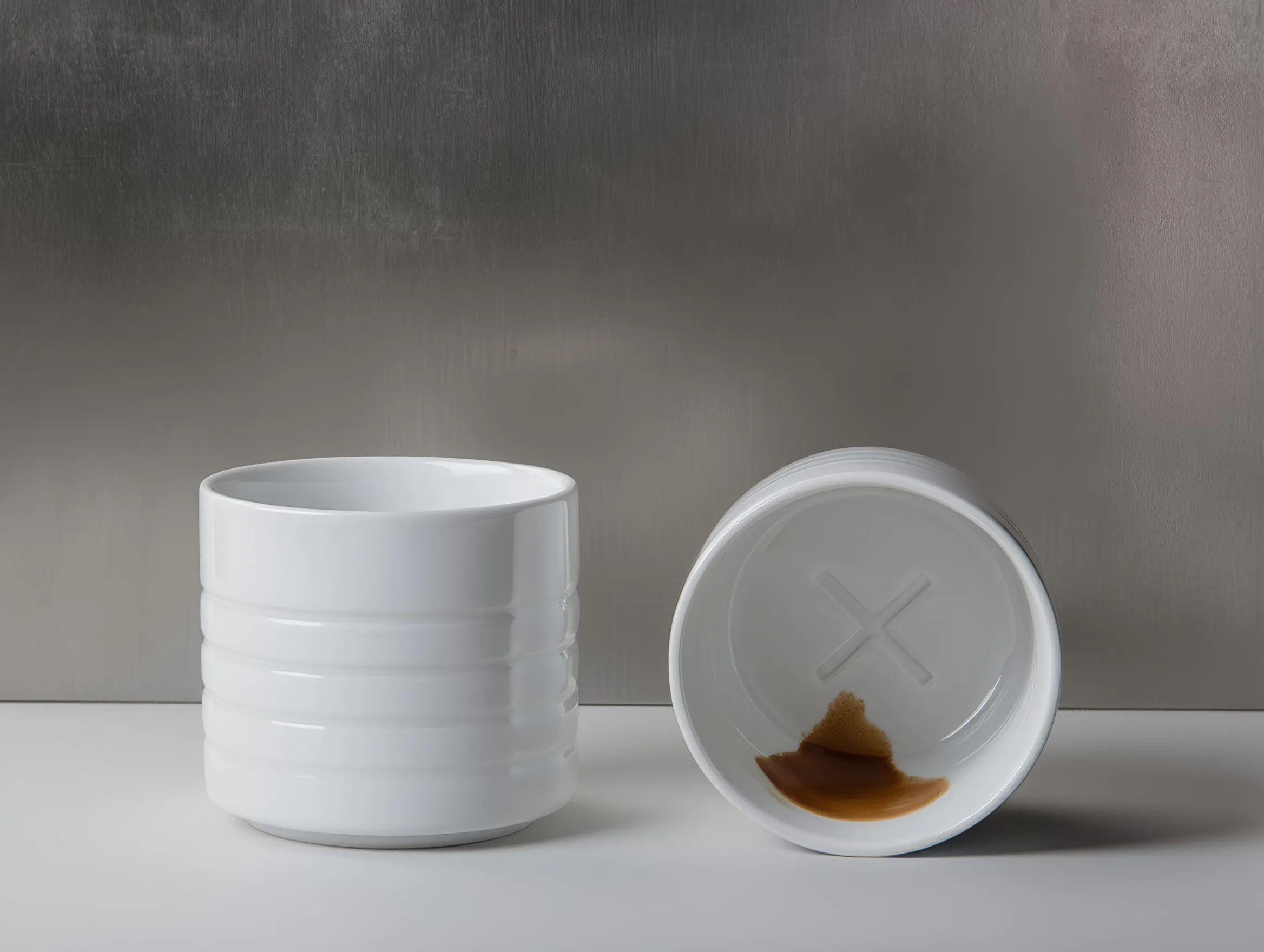 Белая керамическая чашка с небольшим количеством коричневого вещества на серой поверхности.