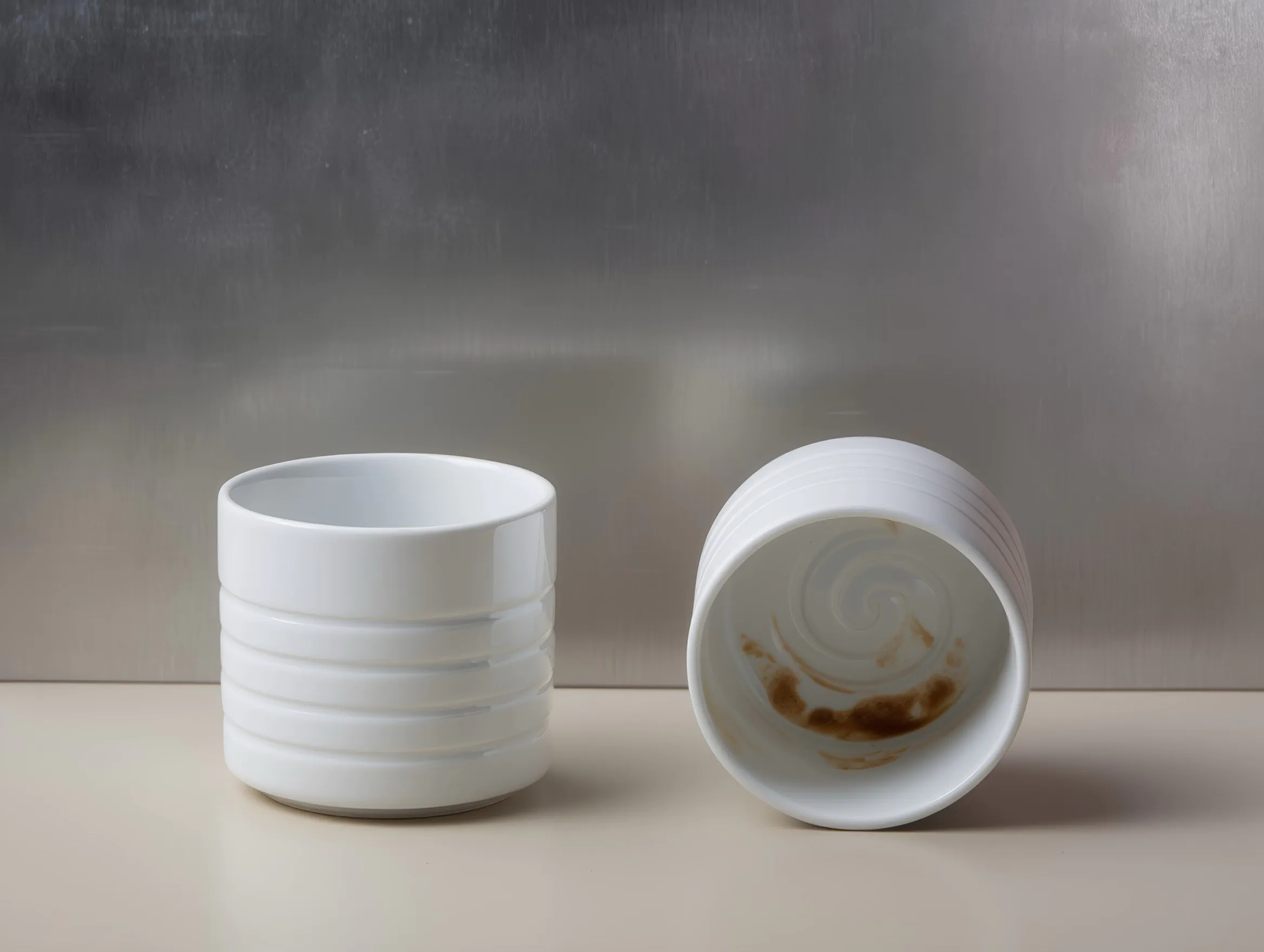 Две белые керамические чашки с горизонтальными рёбрами и коричневыми следами внутри. Одна перевёрнута.