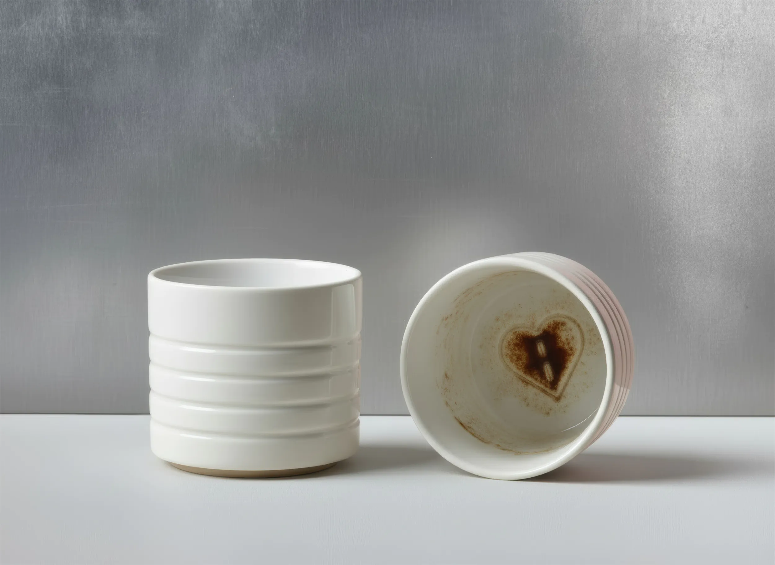 Белая керамическая кружка с отметкой в форме сердца на донышке. Стоит на белой поверхности у серой стены.