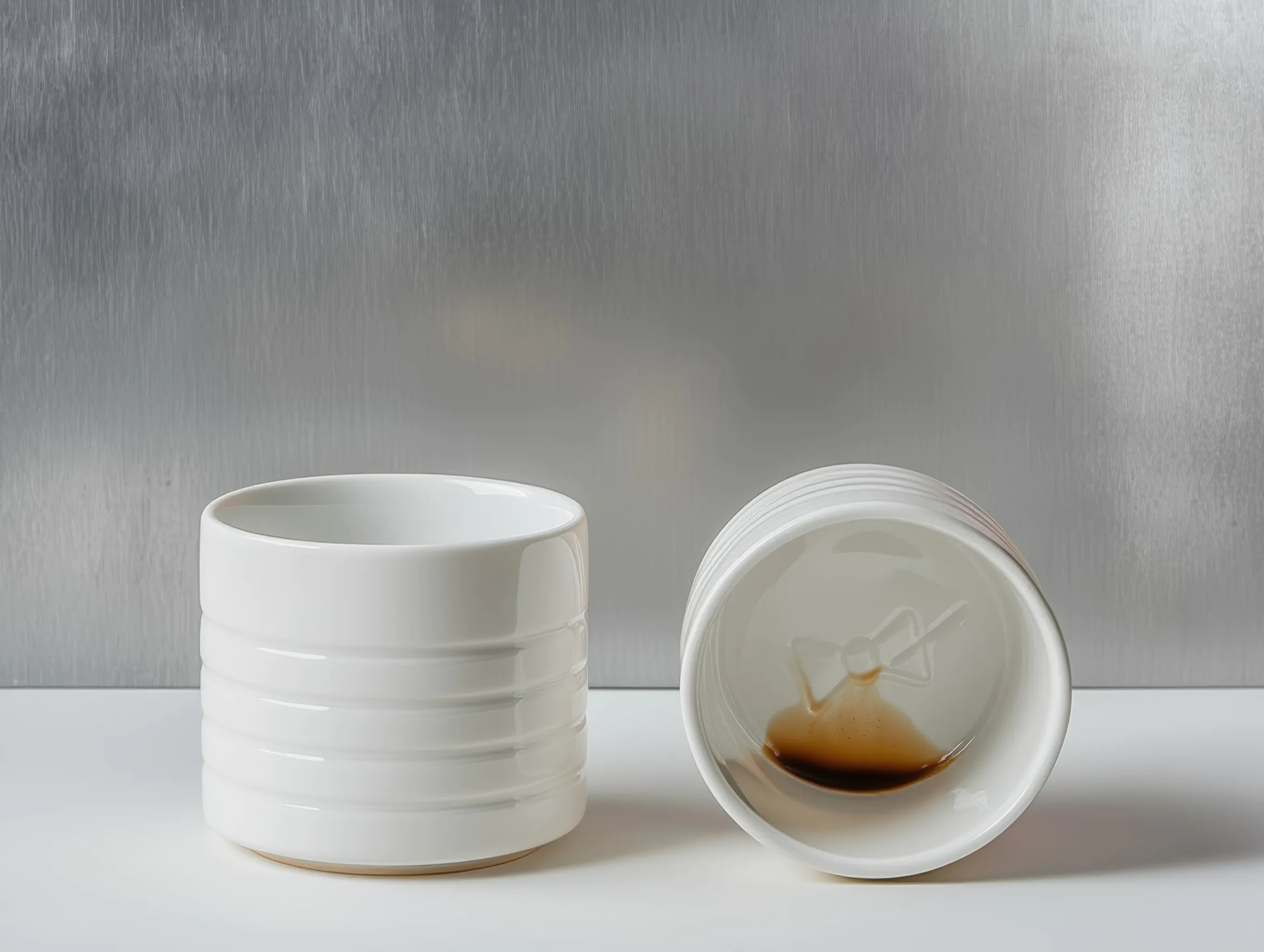 Белая керамическая кружка с кофе на белой поверхности у серой стены.