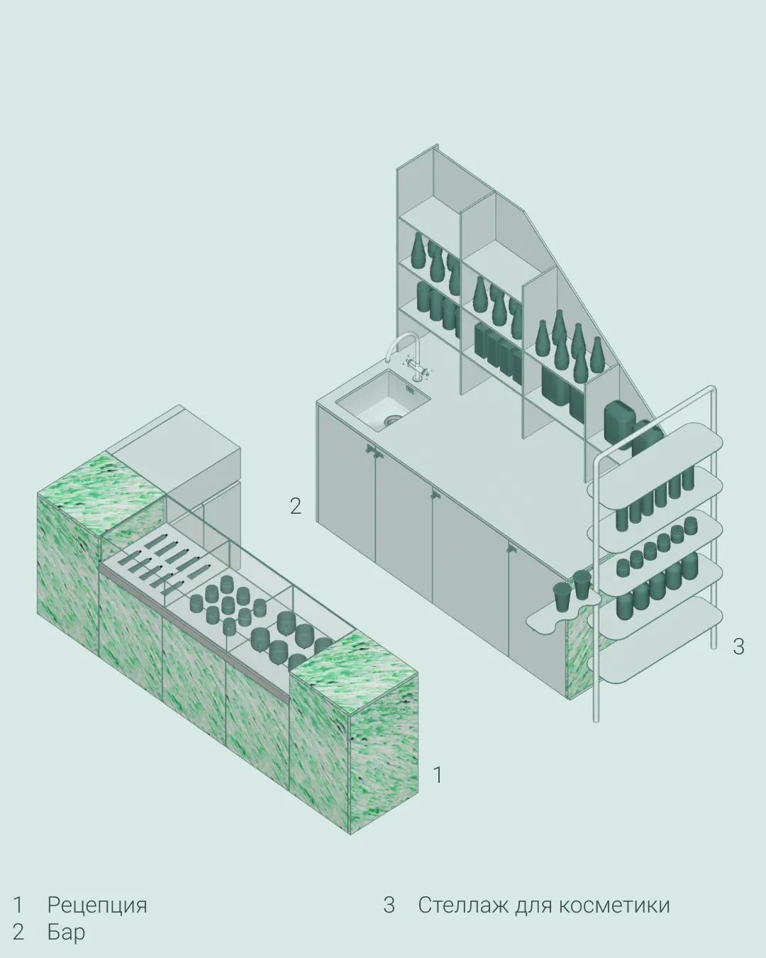 Изометрическая схема кухонного острова с барными стульями и шкафом.
