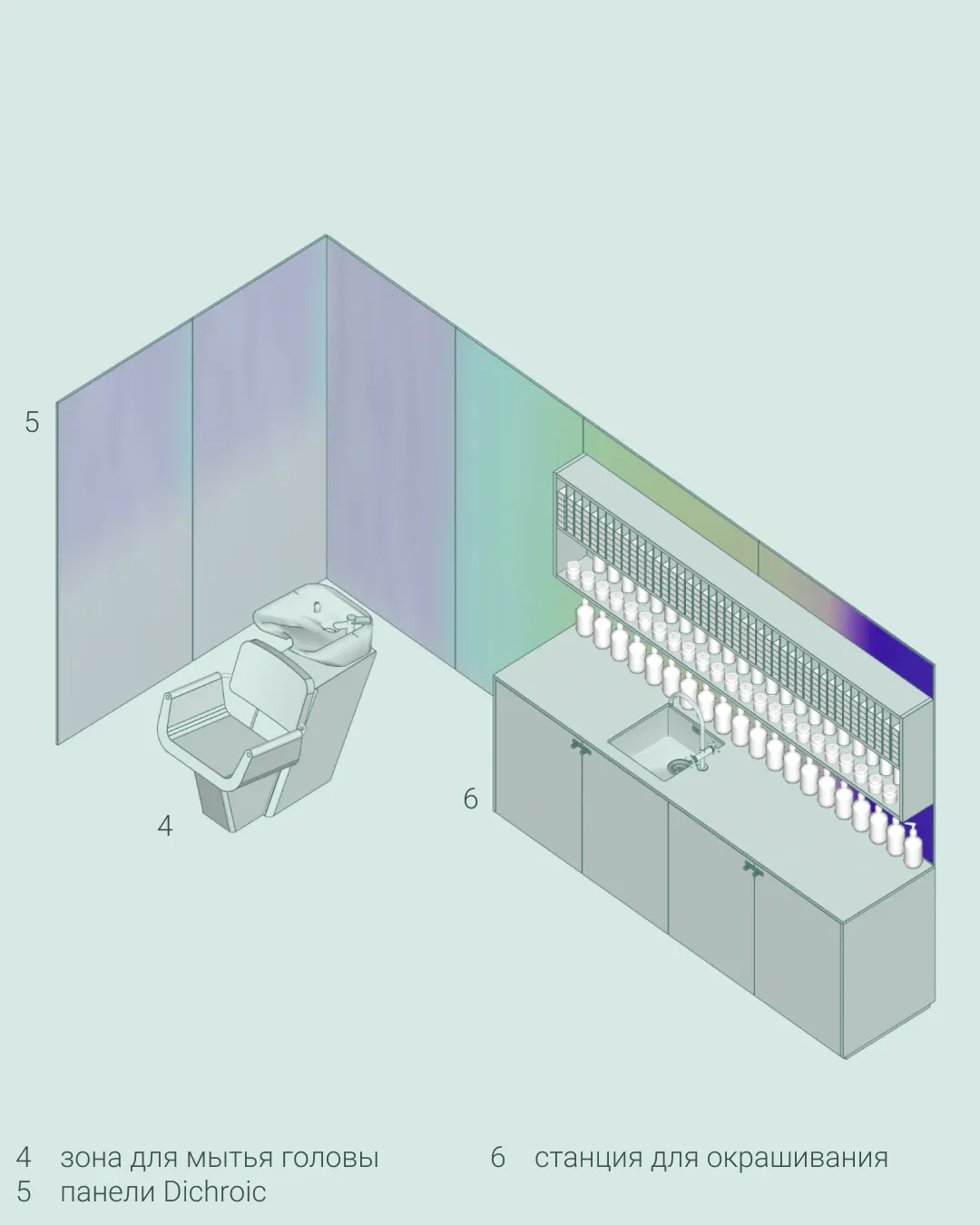 Развёртка стены со столом, на котором стоит ряд белых предметов.