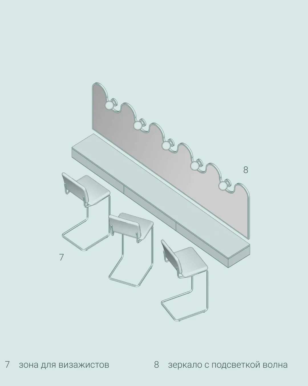 Визуализация минималистичного рабочего места с серым столом, стулом и монитором.