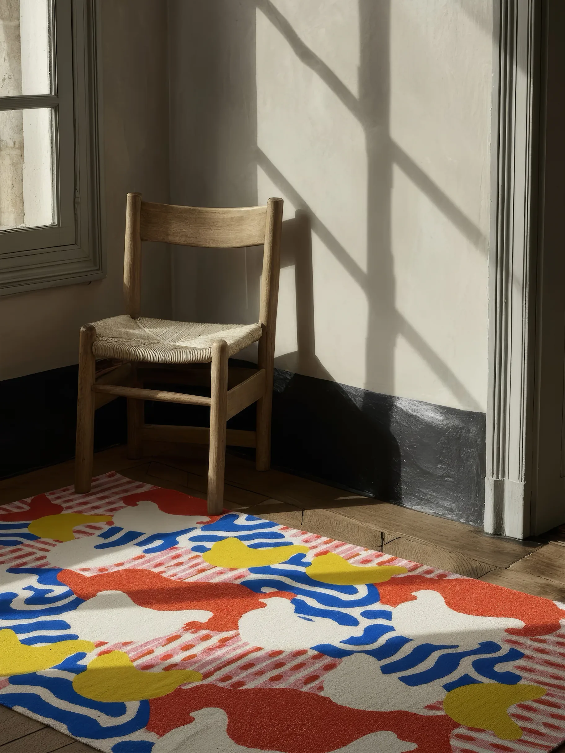A wooden chair on a vibrant rug with a colorful abstract design in a room with white walls.