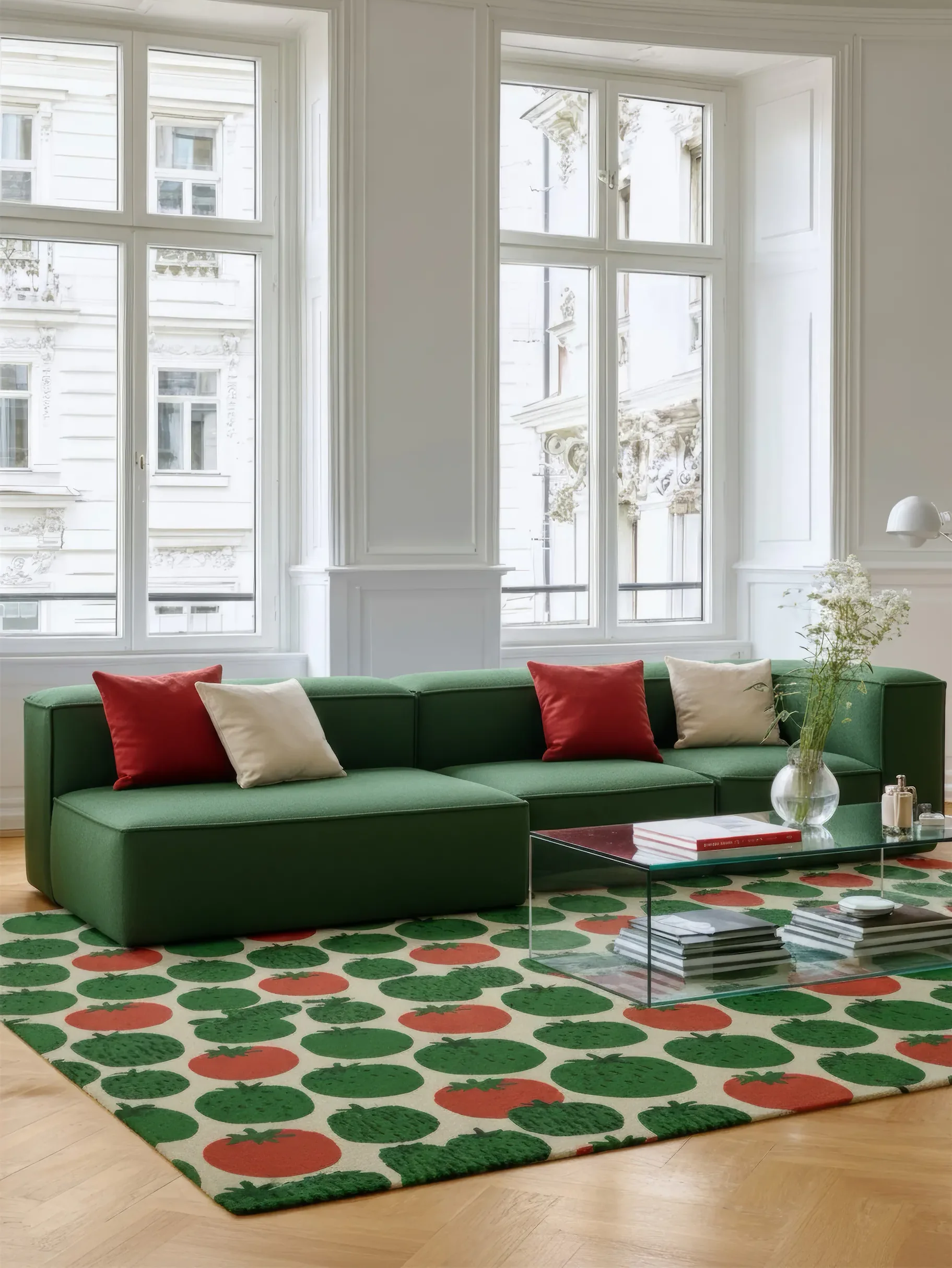 Гостиная с зелёным диваном, стеклянным кофейным столиком и узорчатым ковром перед двумя большими окнами.