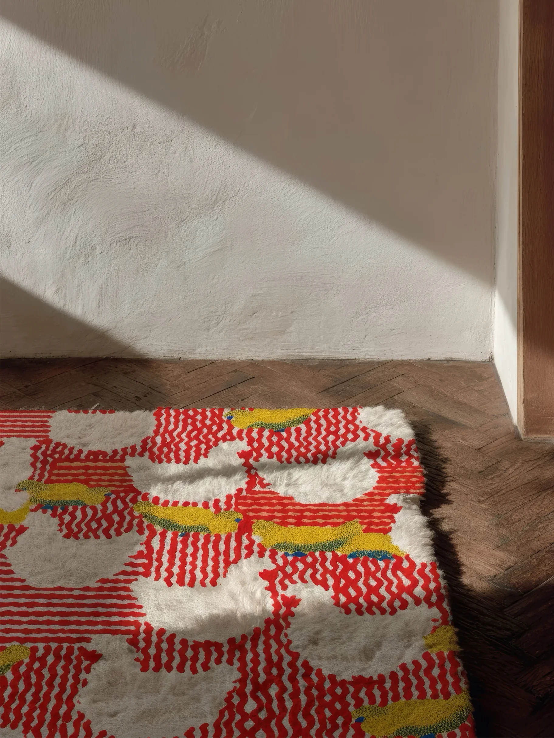Ковёр с красно-белым рисунком на деревянном полу у белой стены.