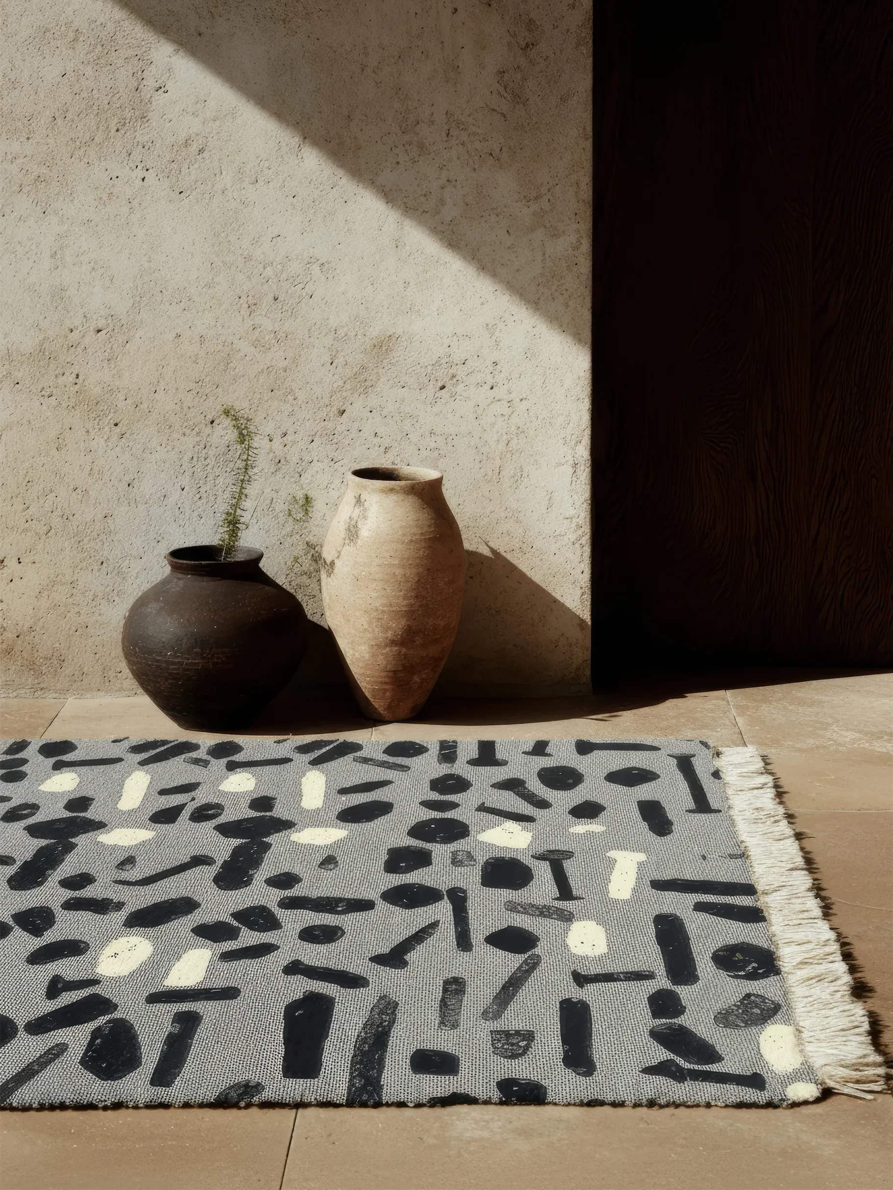 Серый ковёр с чёрно-белыми геометрическими фигурами на светлом полу перед вазой.