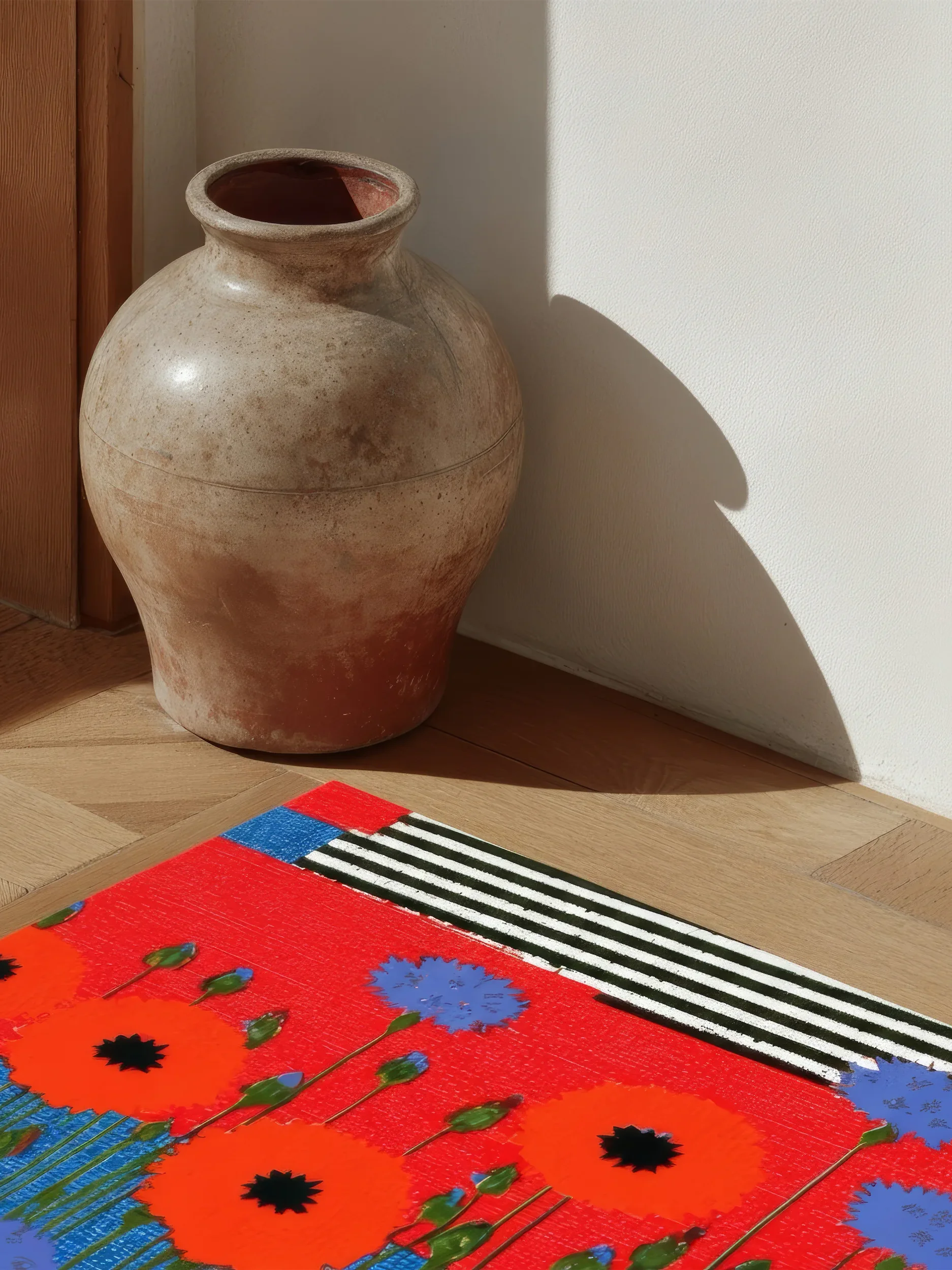 Бежевая глиняная ваза на деревянном полу рядом с ярко-красным ковром с цветочным орнаментом и полосатой каймой.