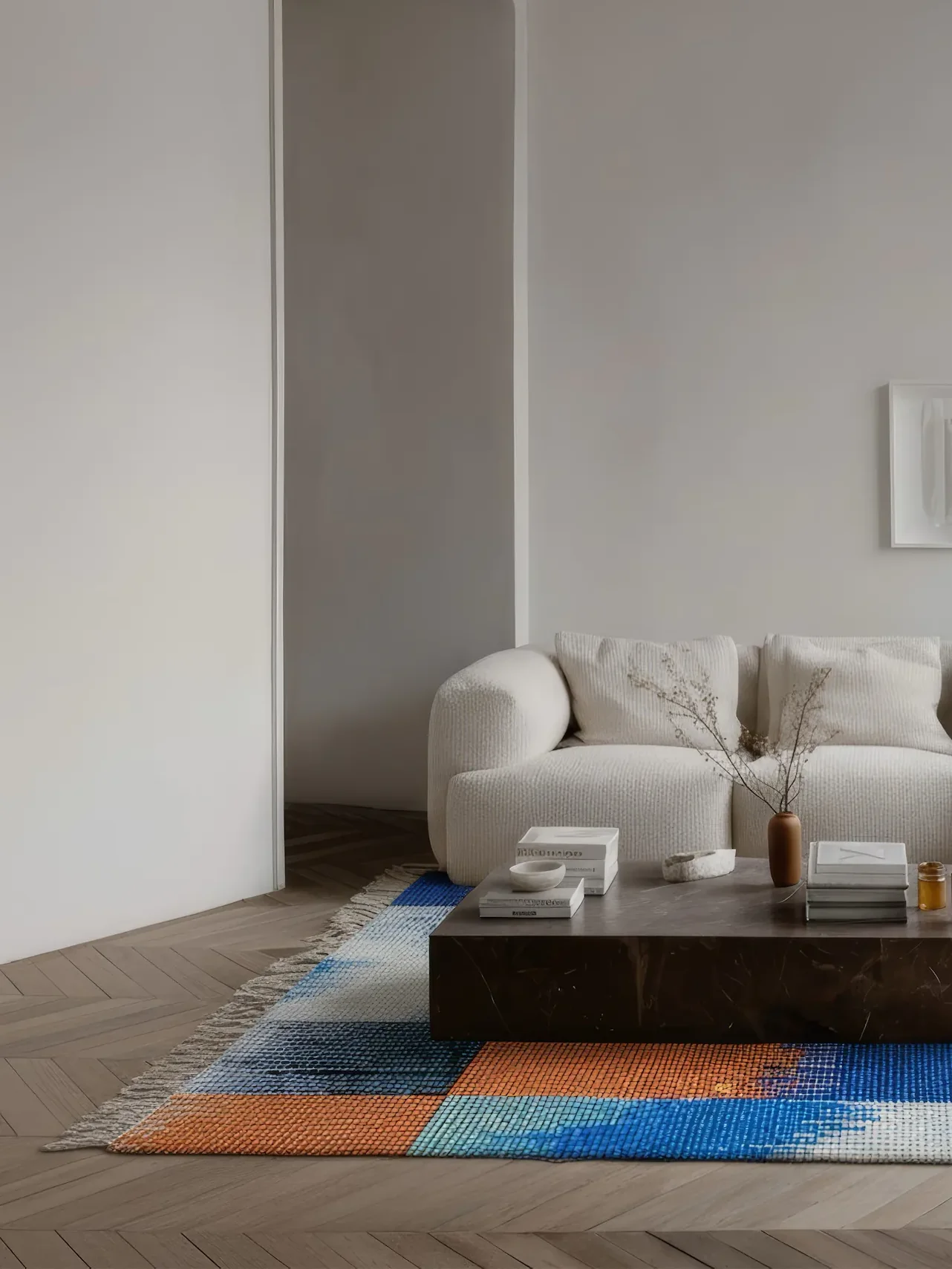 Гостиная с белым диваном, деревянным кофейным столиком и цветным ковром на светлом паркете.