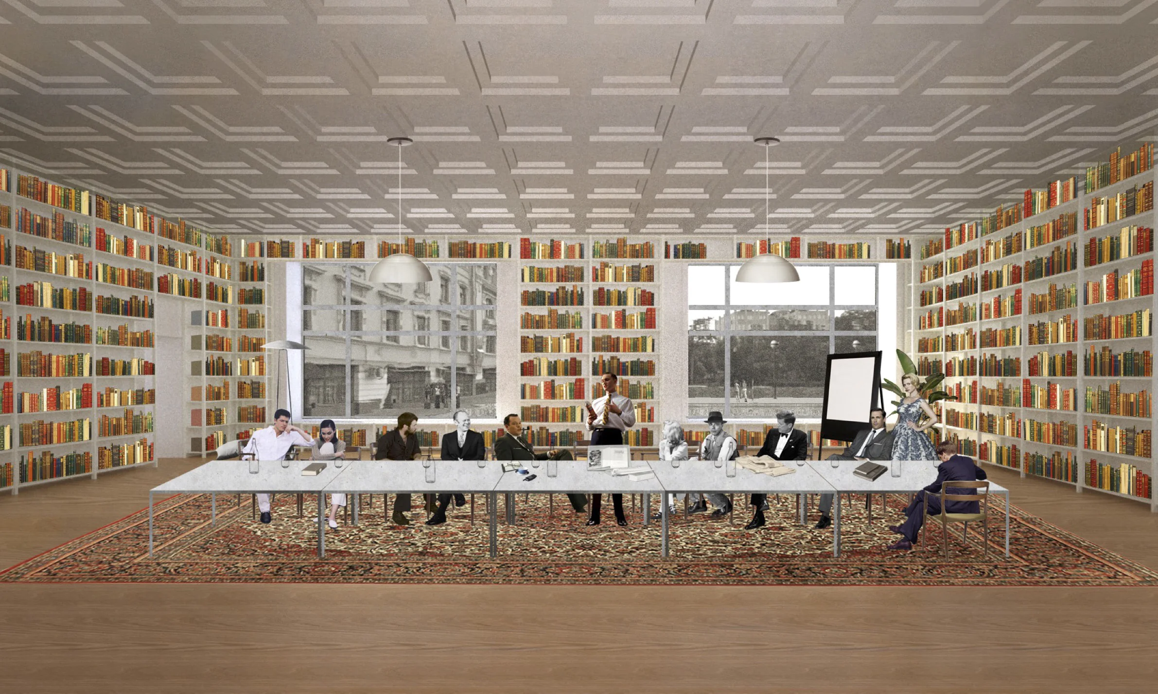 Переговорная комната с длинным белым столом, людьми вокруг него и ковровым покрытием.