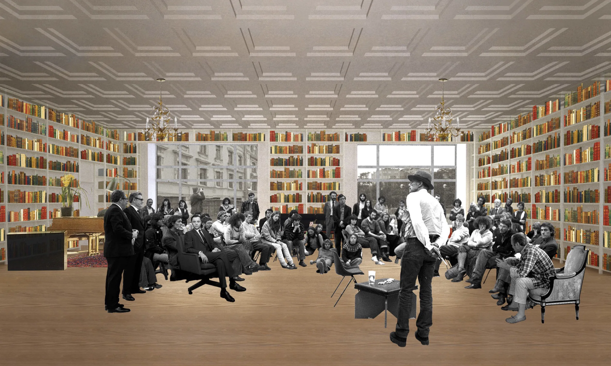 Люди сидят в комнате с большим окном и книжными полками.