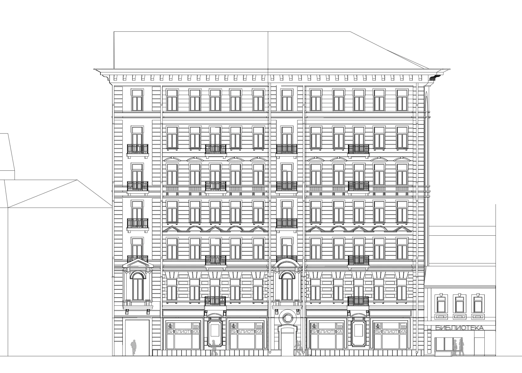 Фасад многоэтажного здания с множеством окон.