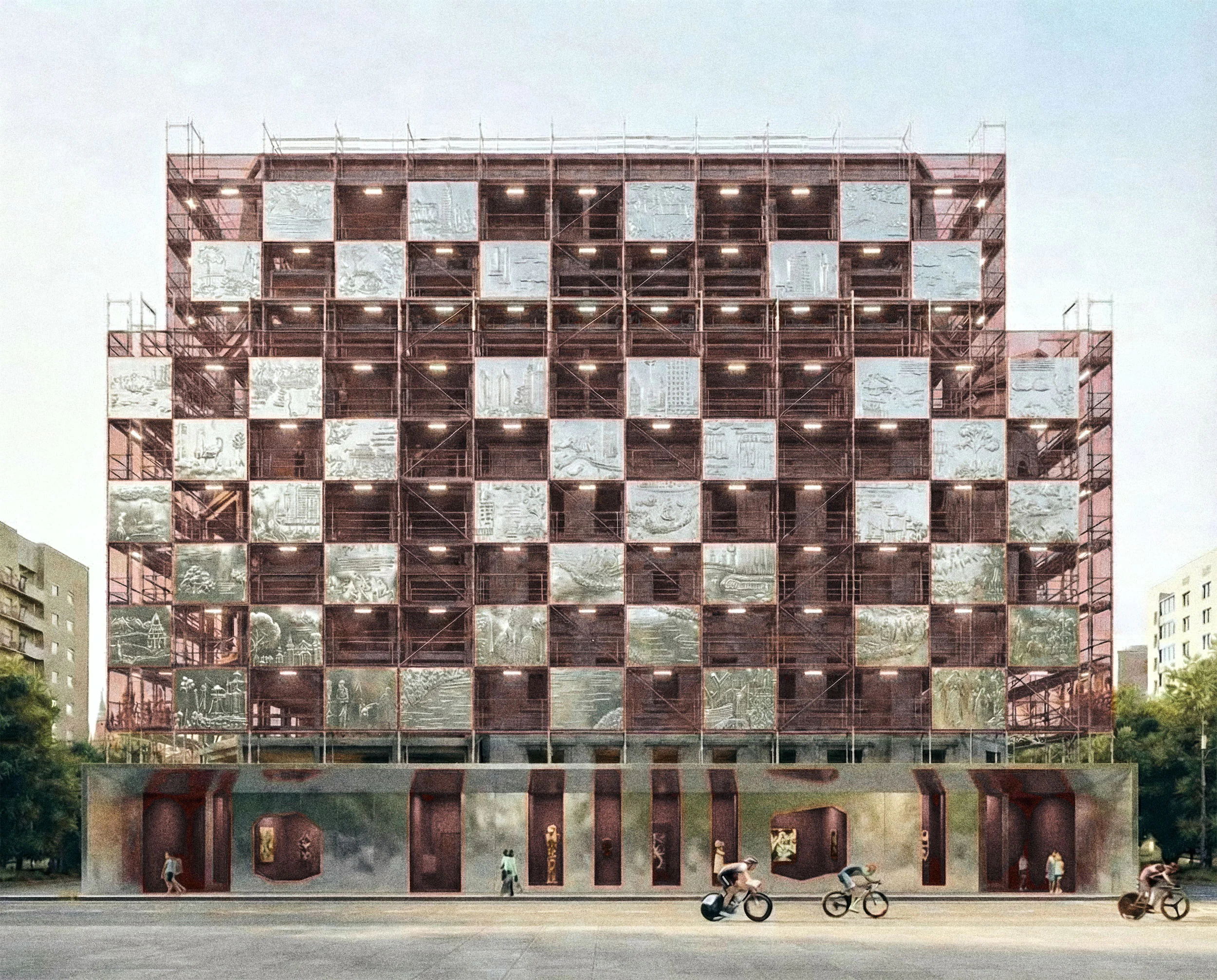 Многоэтажное здание с решётчатым металлостеклянным фасадом. Перед ним люди и велосипеды.