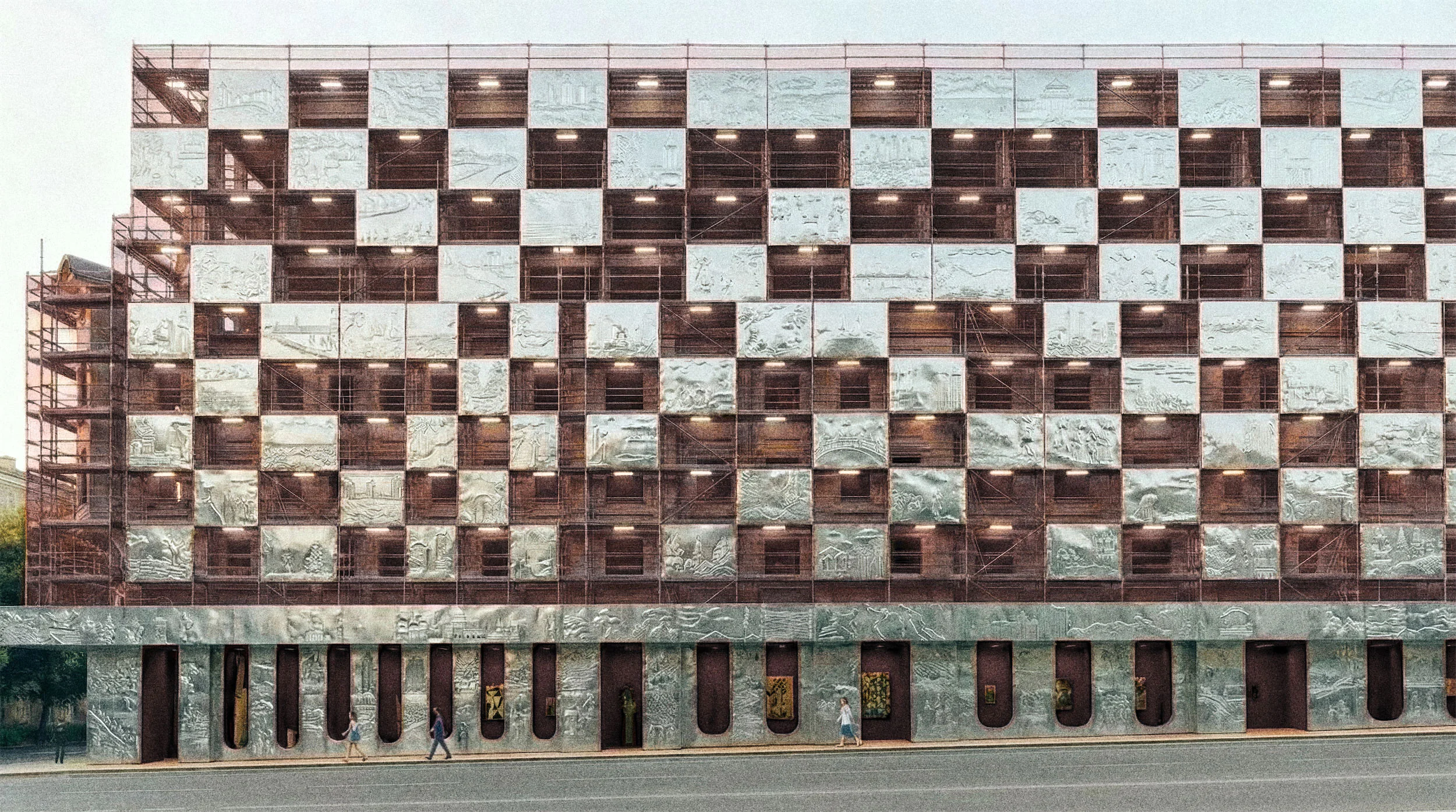 Фасад здания с шахматным расположением окон и плоской крышей.