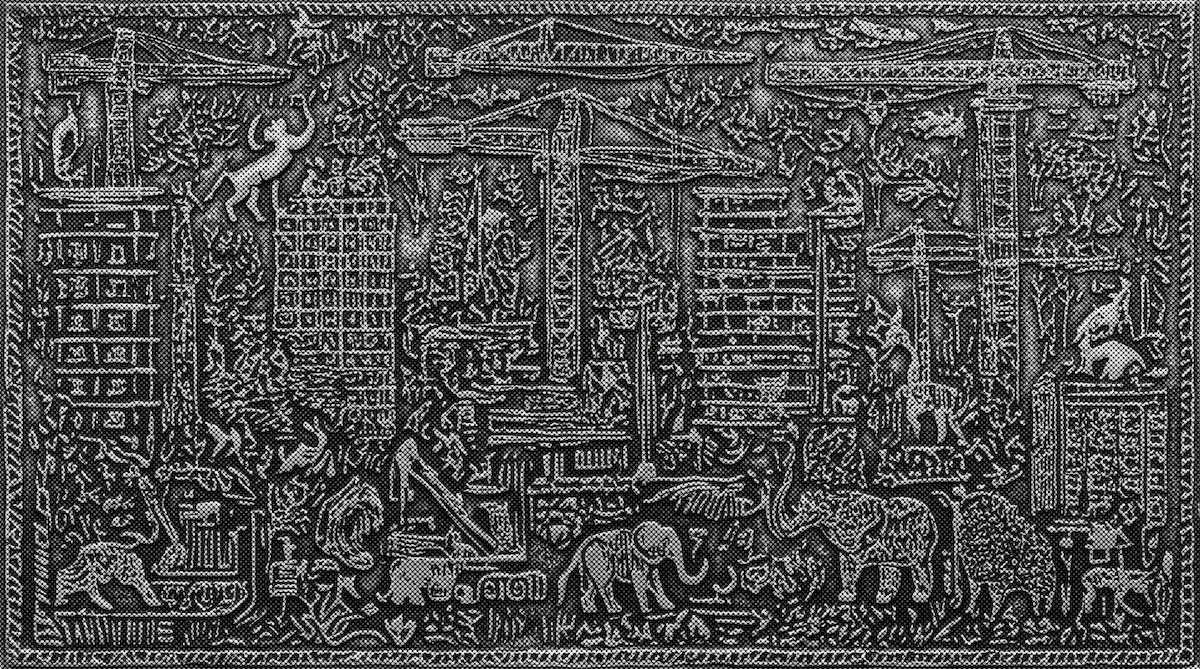 Детальный чёрно-белый рисунок городского пейзажа с животными.