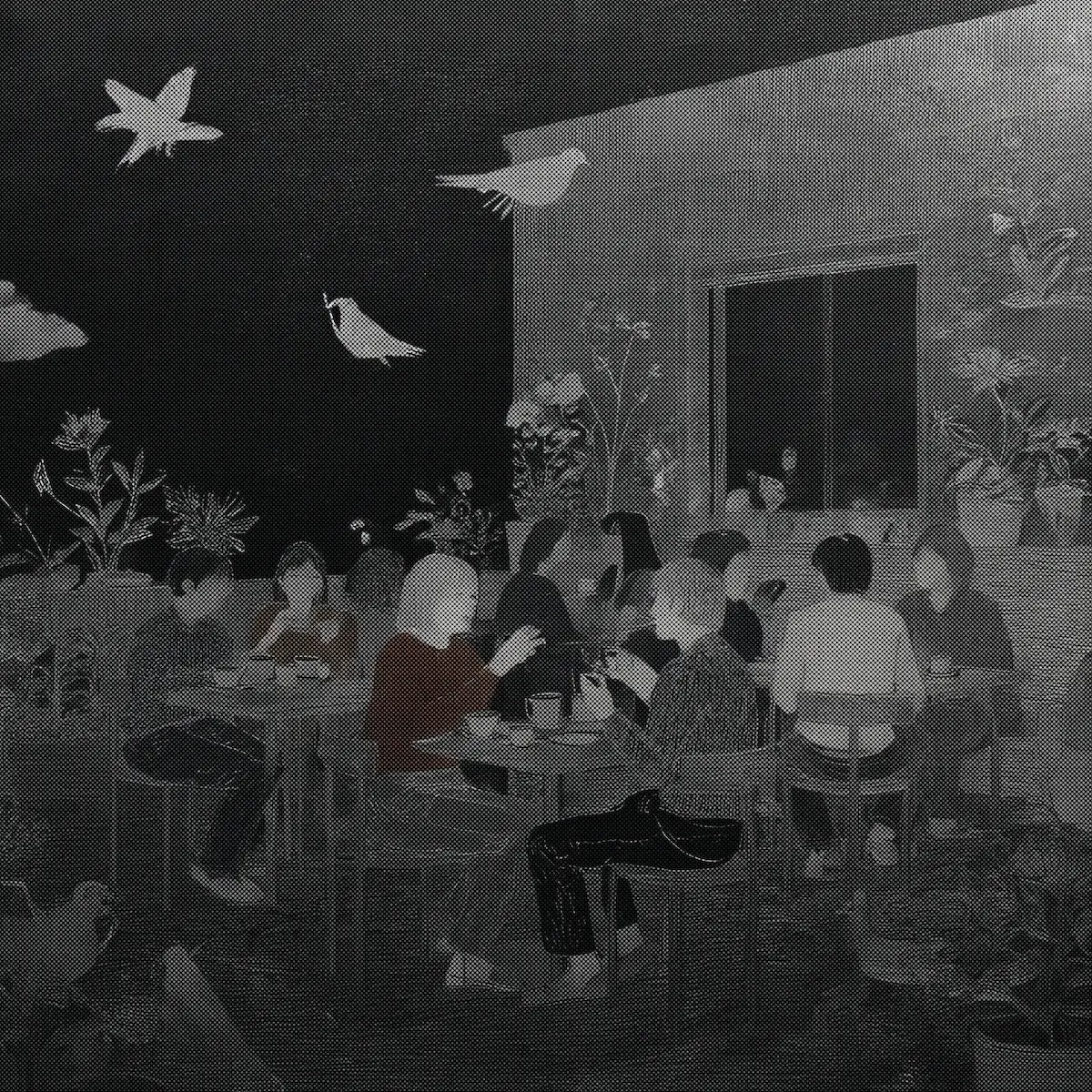 Серотональная живопись: люди за столами в полутёмном помещении.