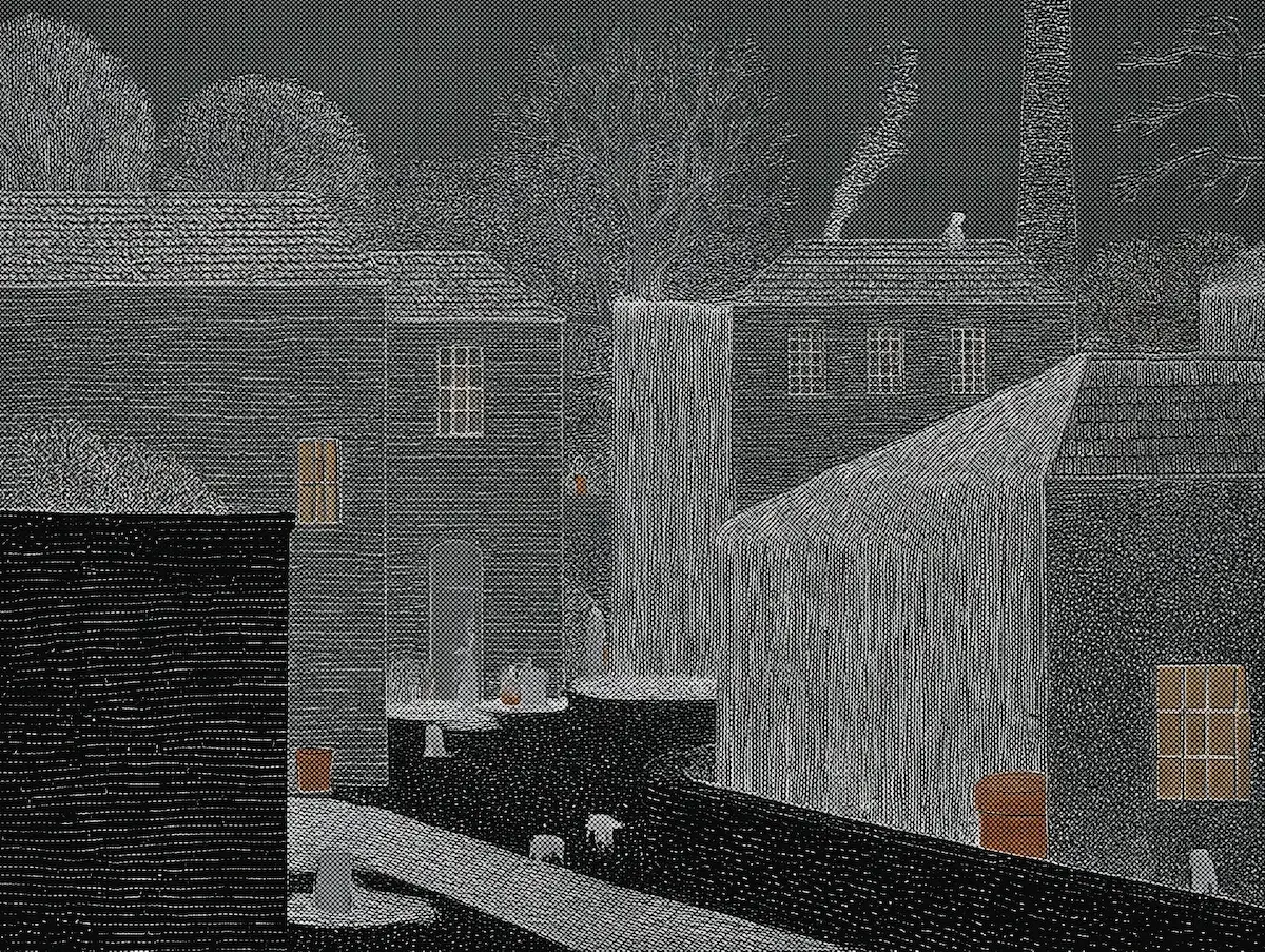 Чёрно-белый рисунок здания с трубой, входом и окнами.