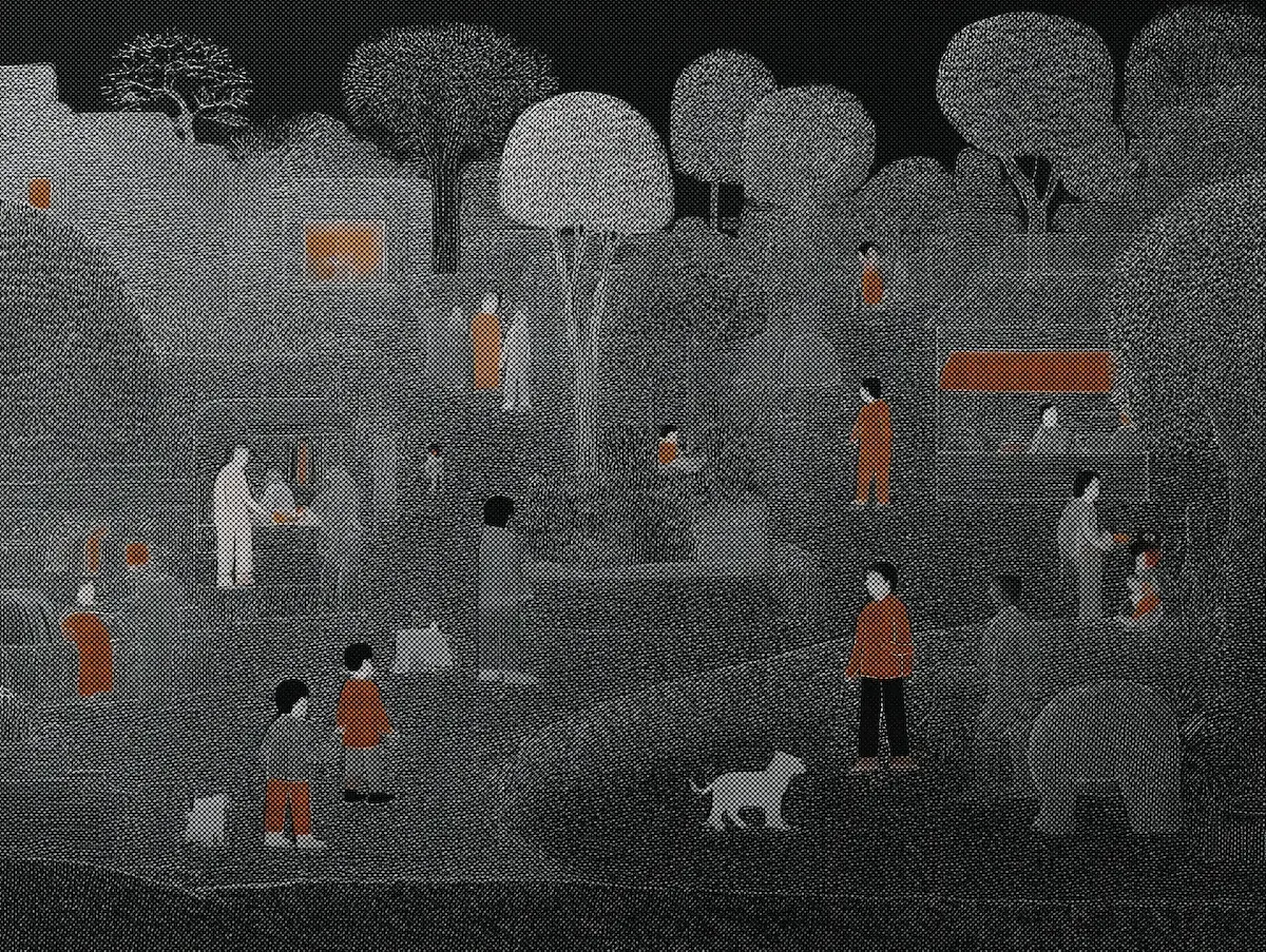 Спокойная ночная сцена с людьми, собакой и деревьями.