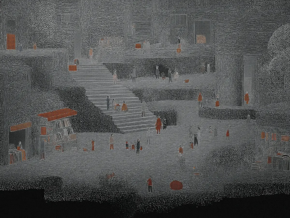 Серотональное изображение городской площади с людьми на лестнице.