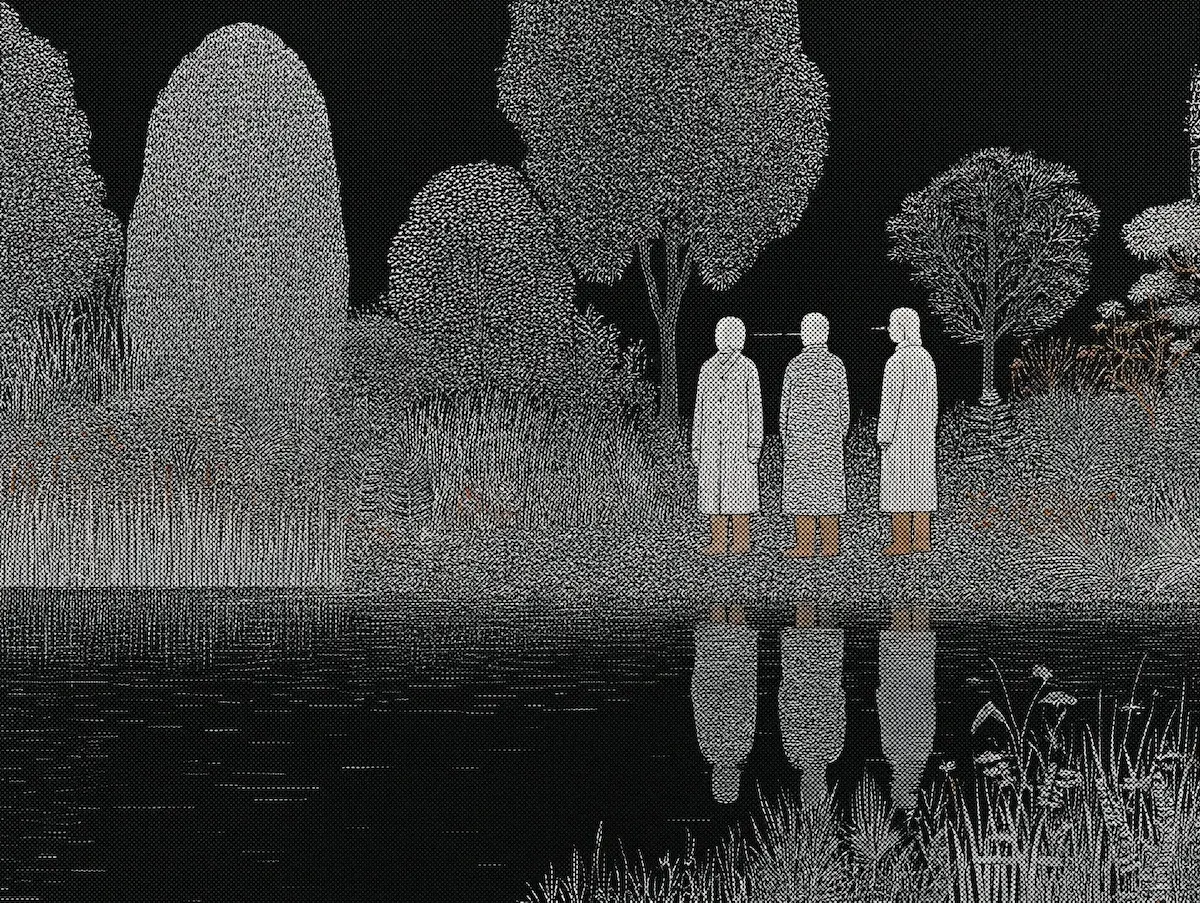 Двое в белых халатах на берегу пруда среди деревьев.