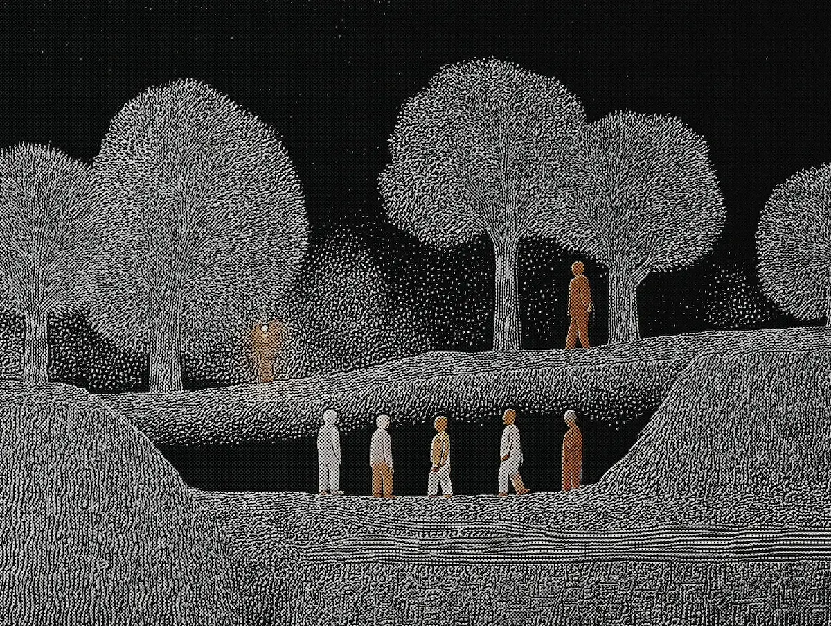 Четыре фигуры на мосту среди деревьев и воды.