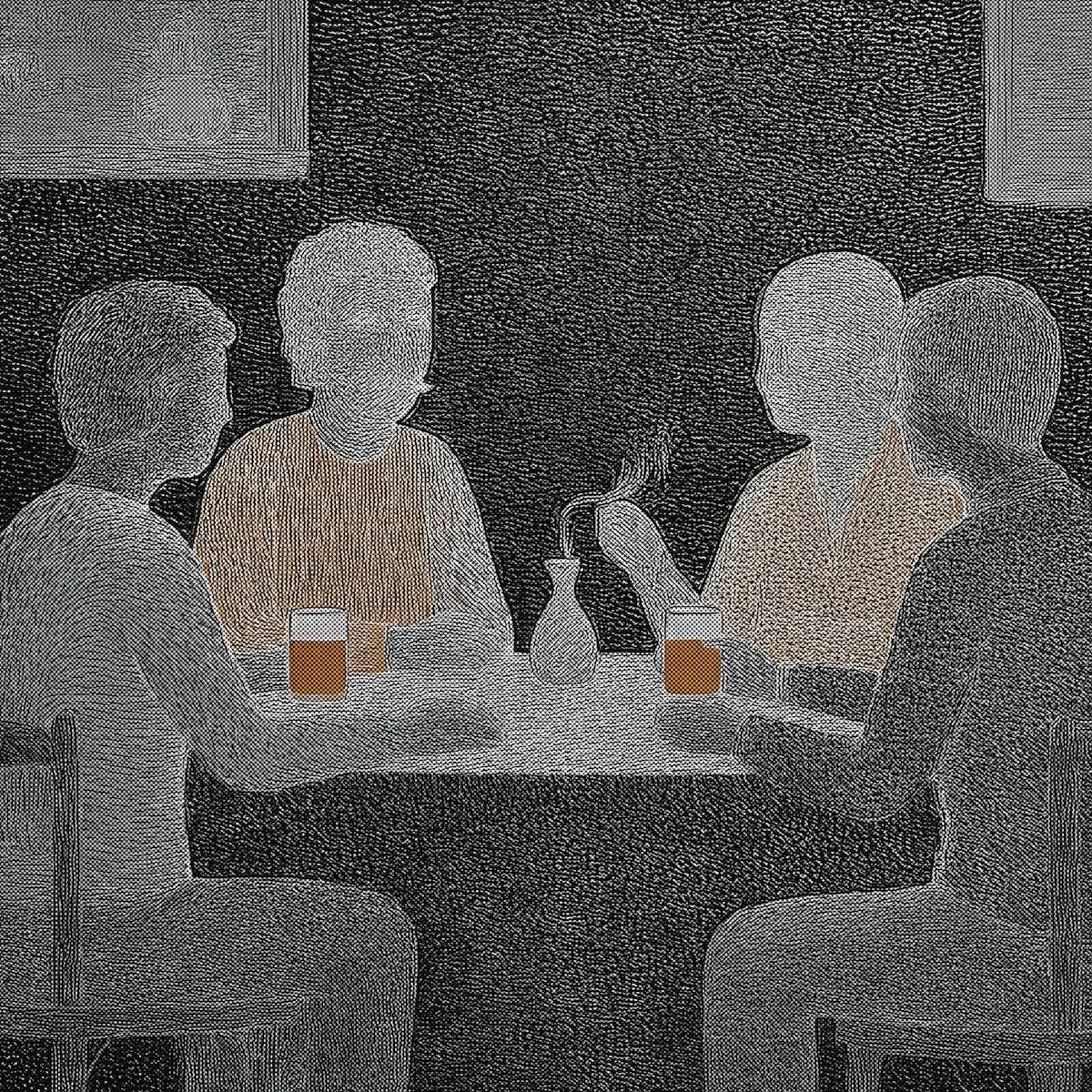 Трое за столом с напитками в тёмной комнате.