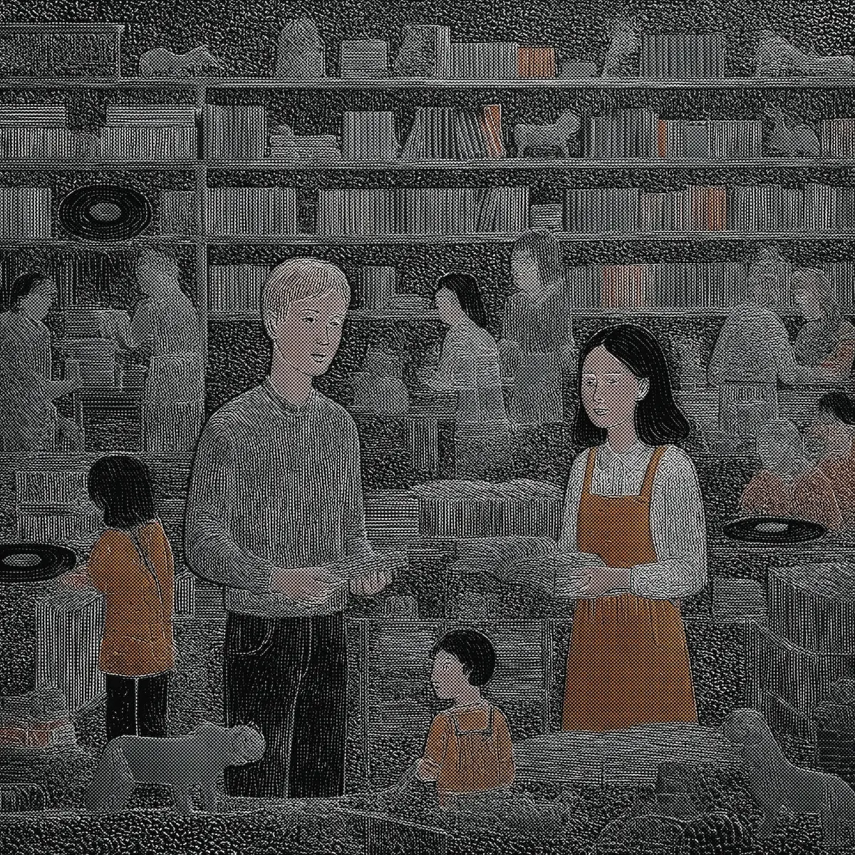 Семья с собакой в комнате с книжной полкой. Ребёнок сидит на полу.