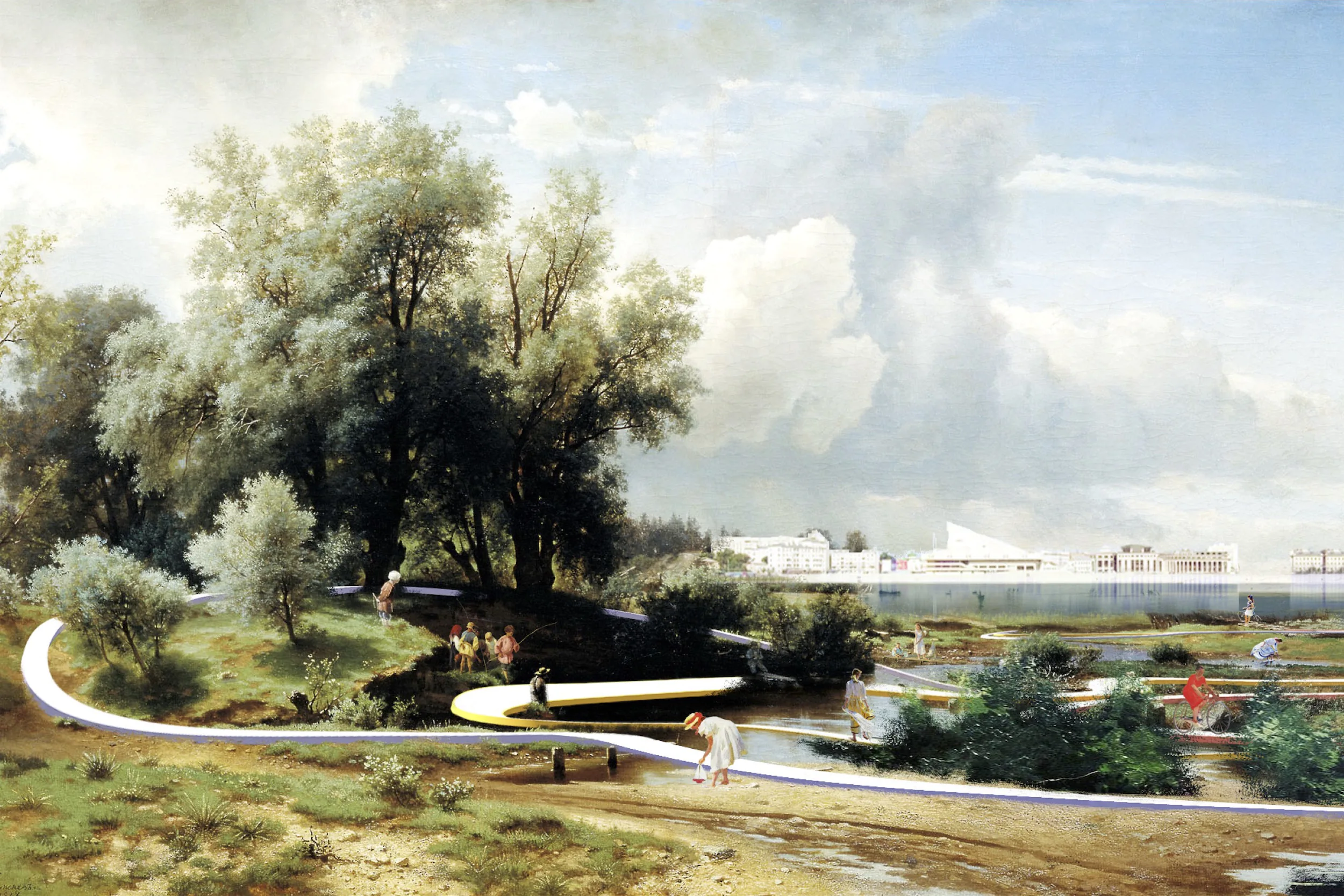 A landscape painting with a winding road, trees, and a distant structure under a cloudy sky.