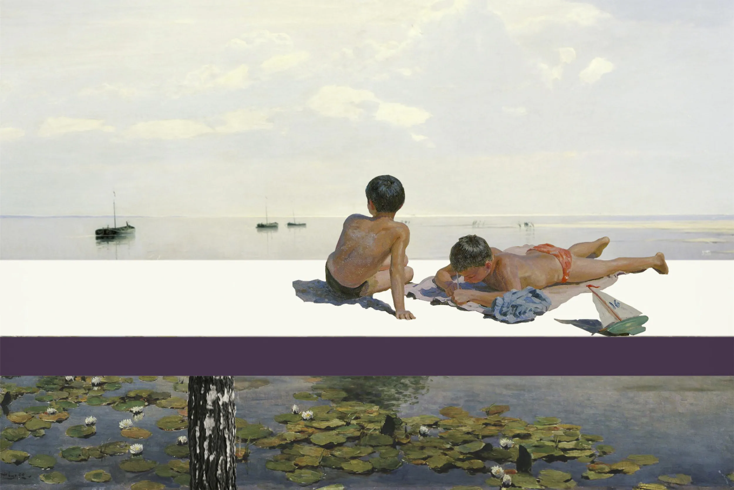 Двое мальчиков в купальных костюмах лежат на белой поверхности, глядя на воду и зелень.