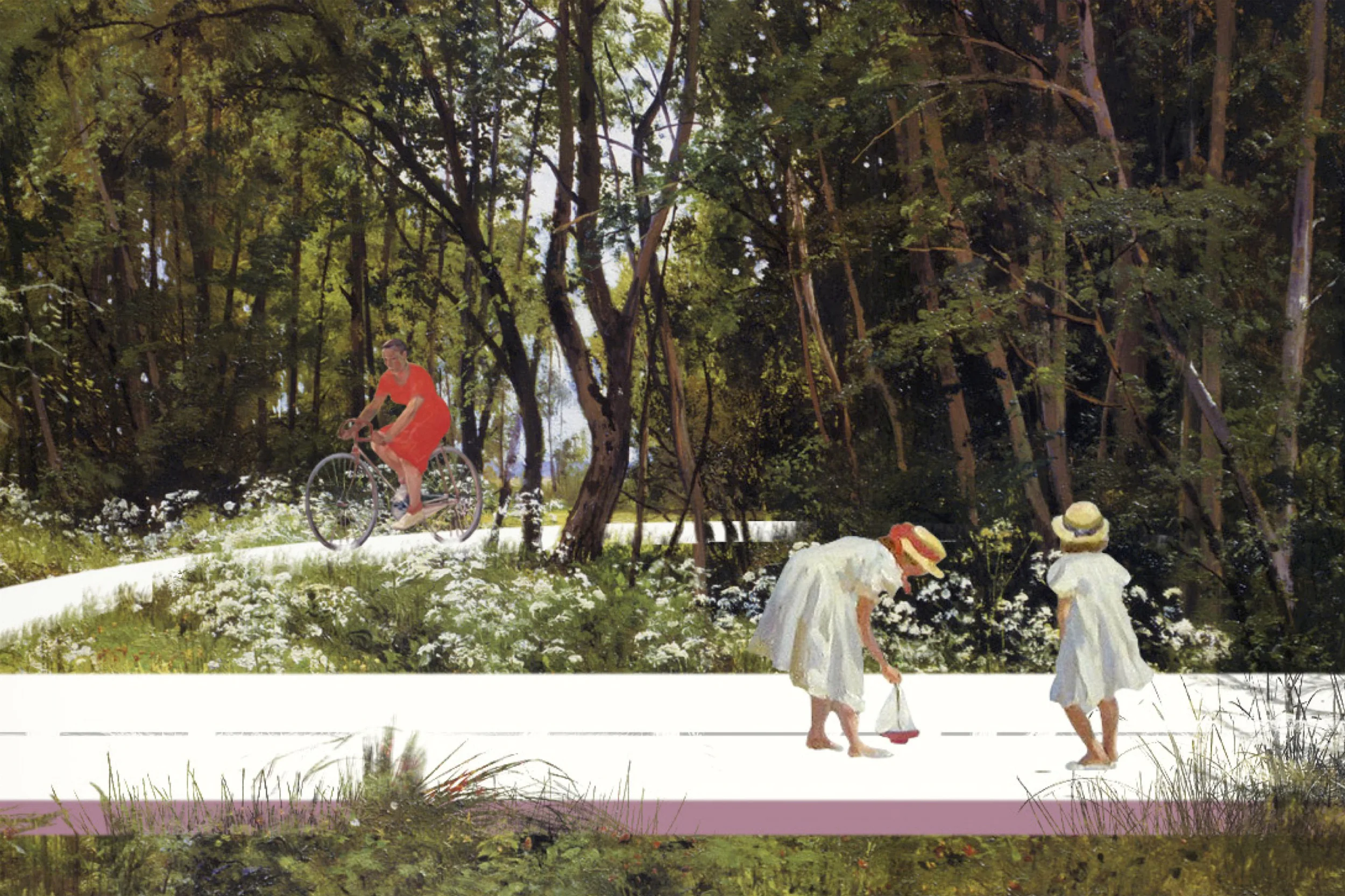 Две женщины в белых платьях идут по дороге. На заднем плане мужчина на велосипеде.