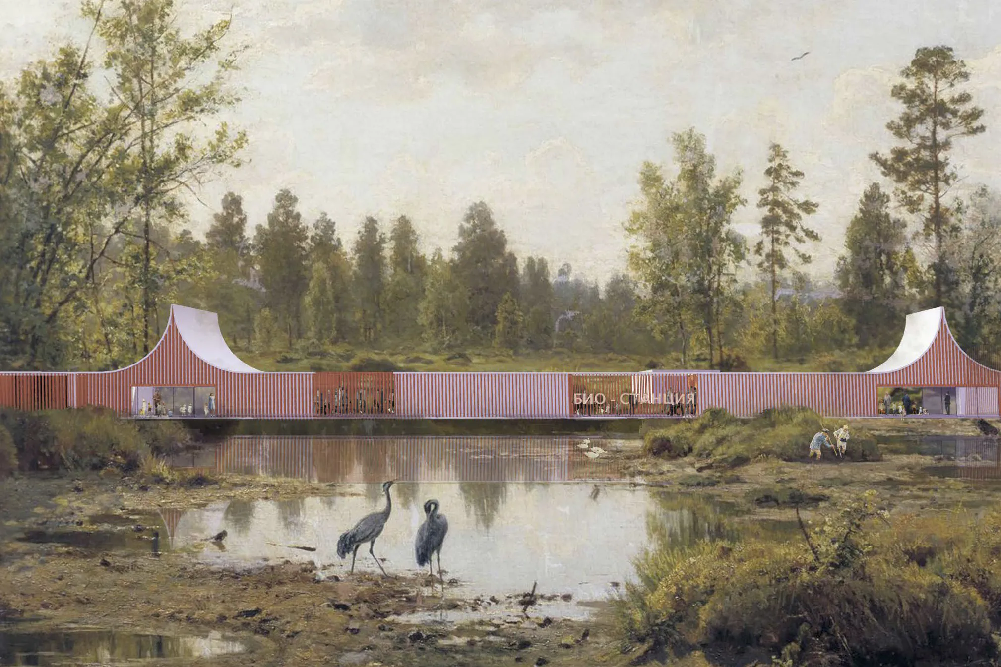 Пейзаж с большим водоёмом, мостом и строительным краном на берегу.