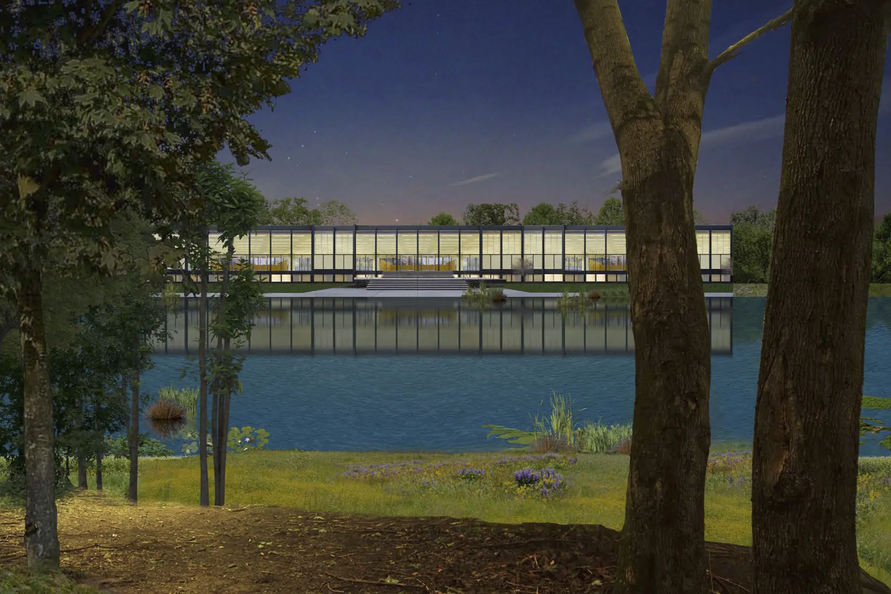 Спокойный пейзаж с водой, деревьями и зданием на заднем плане.