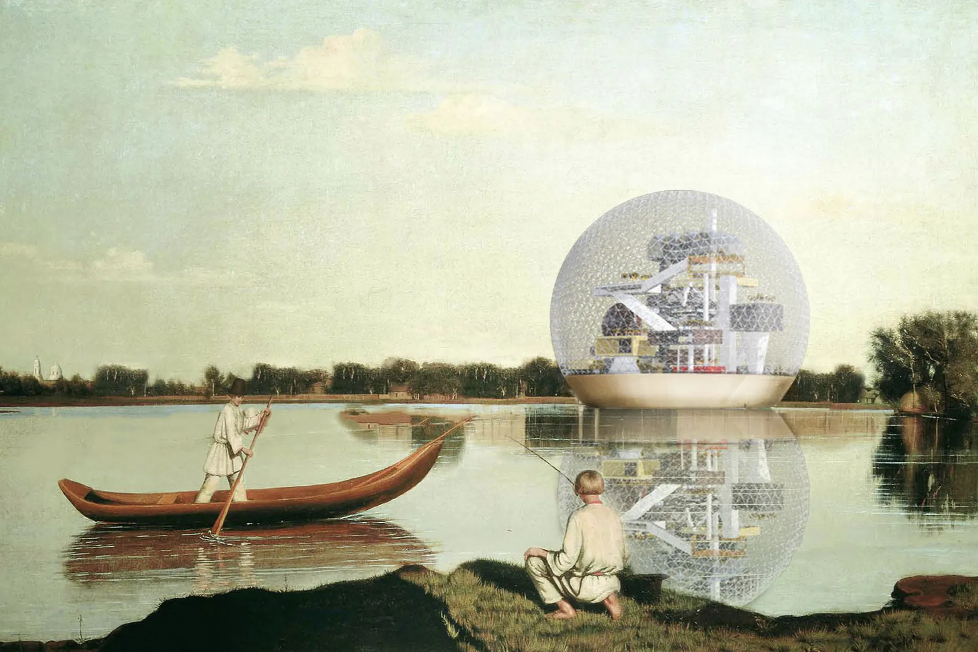 Пейзаж: человек в лодке, человек на берегу и большой прозрачный шар на заднем плане.