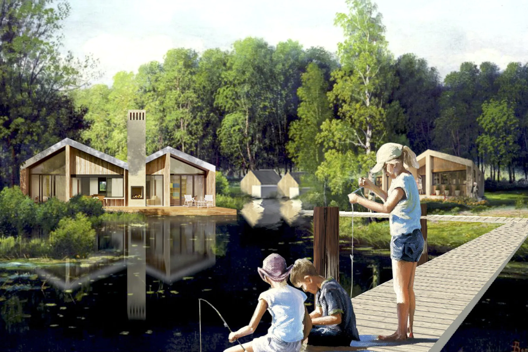 Дети удят рыбу с причала у дома на озере.