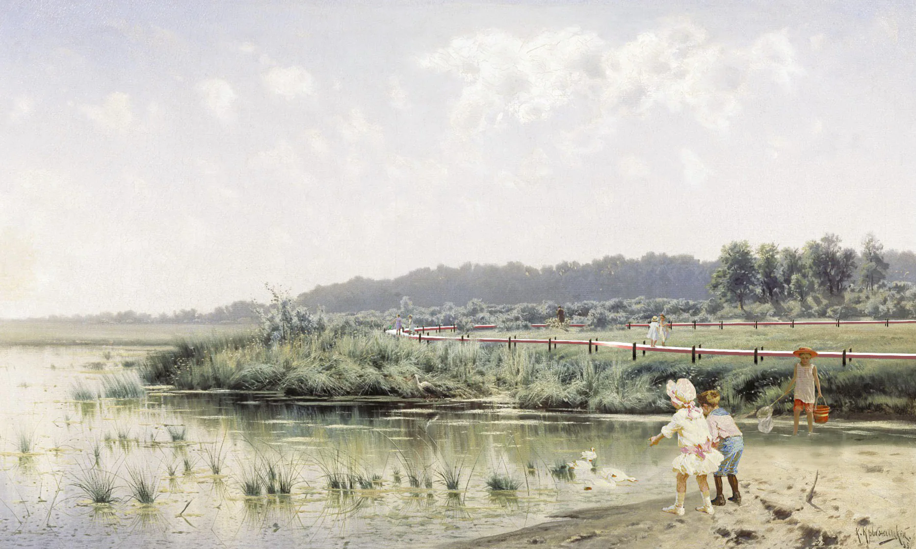 Человек на берегу. На заднем плане мост и густая зелень.