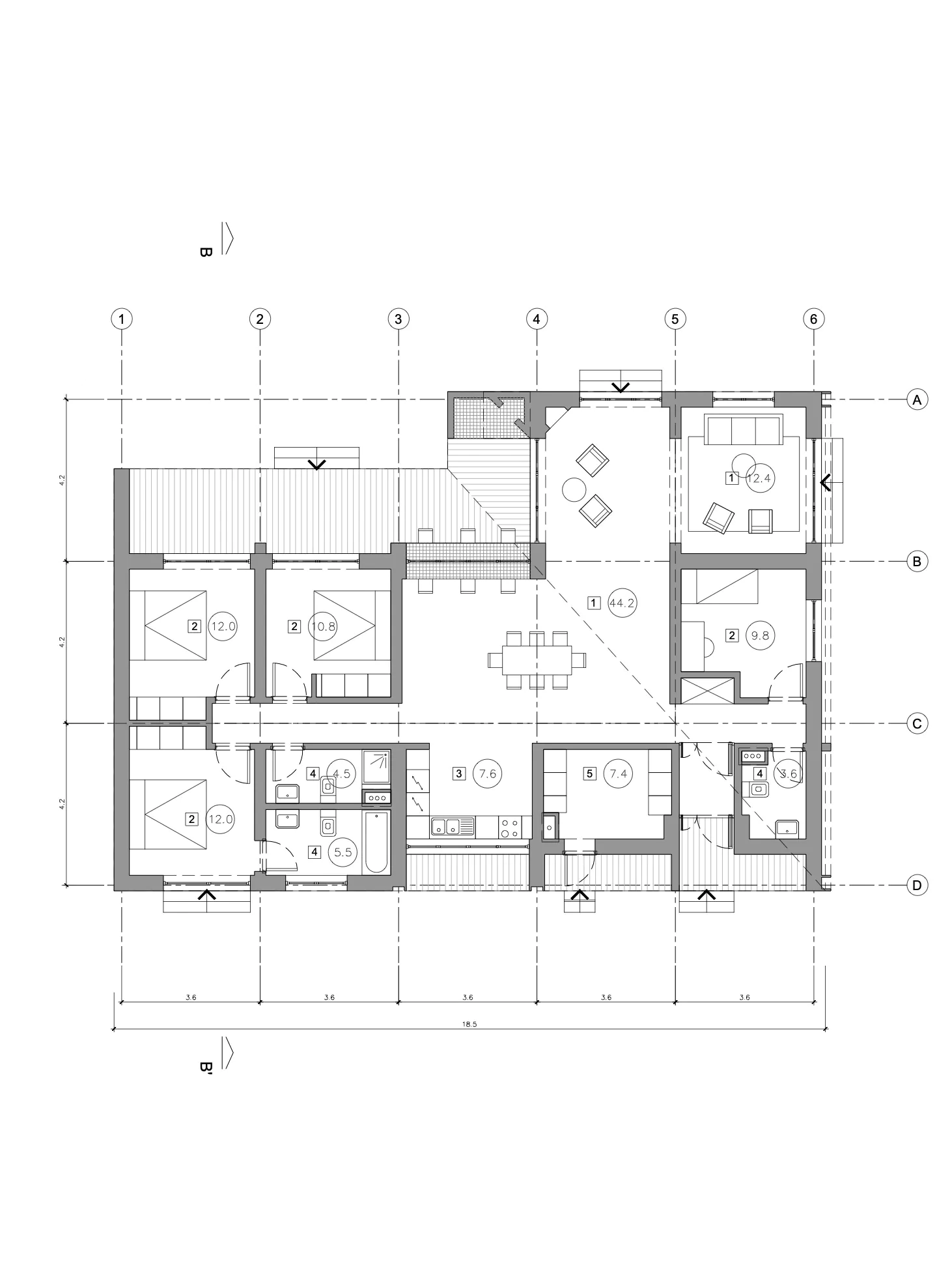 Чёрно-белый план этажа с различными помещениями.