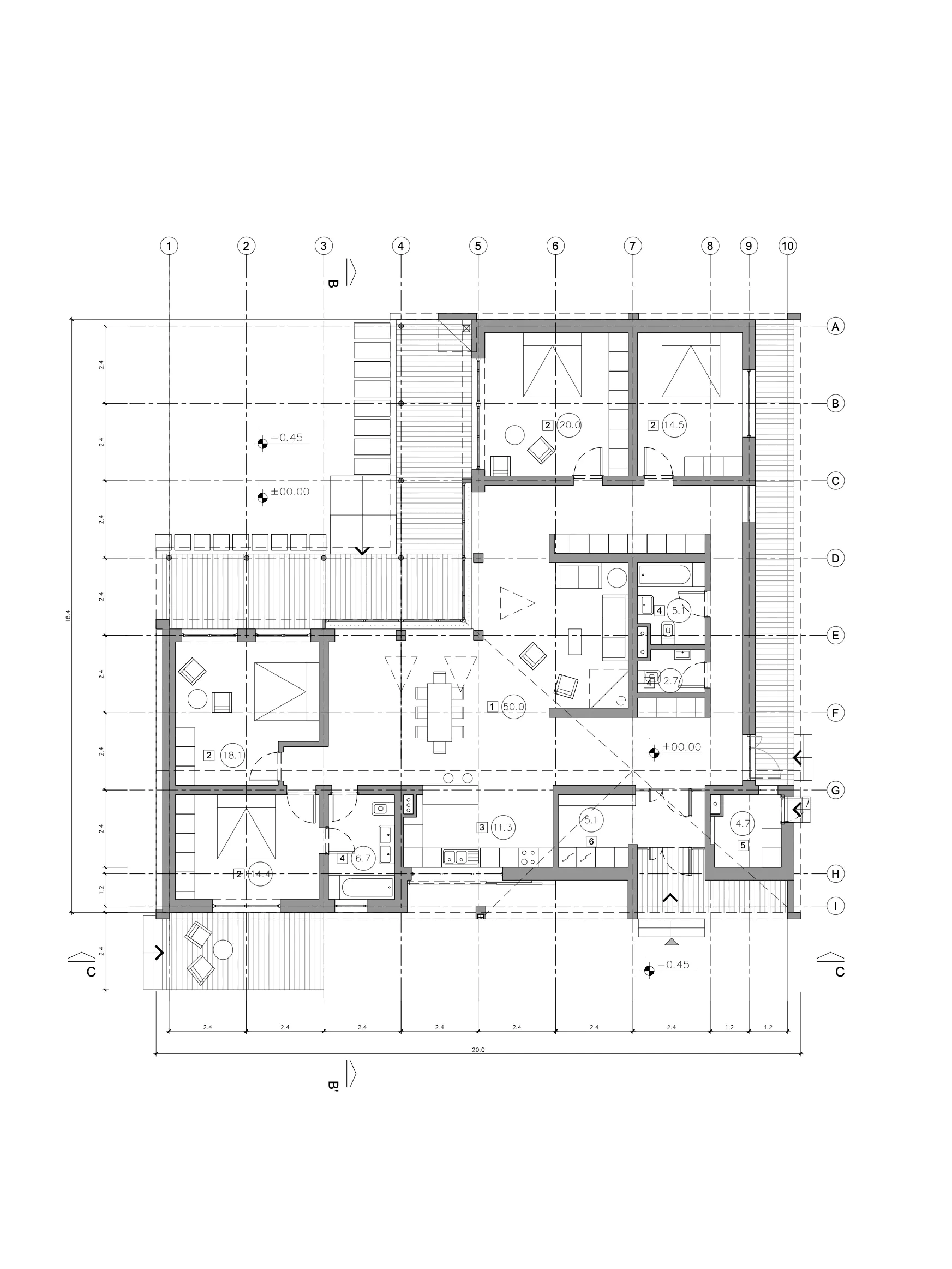 План этажа с различными помещениями.