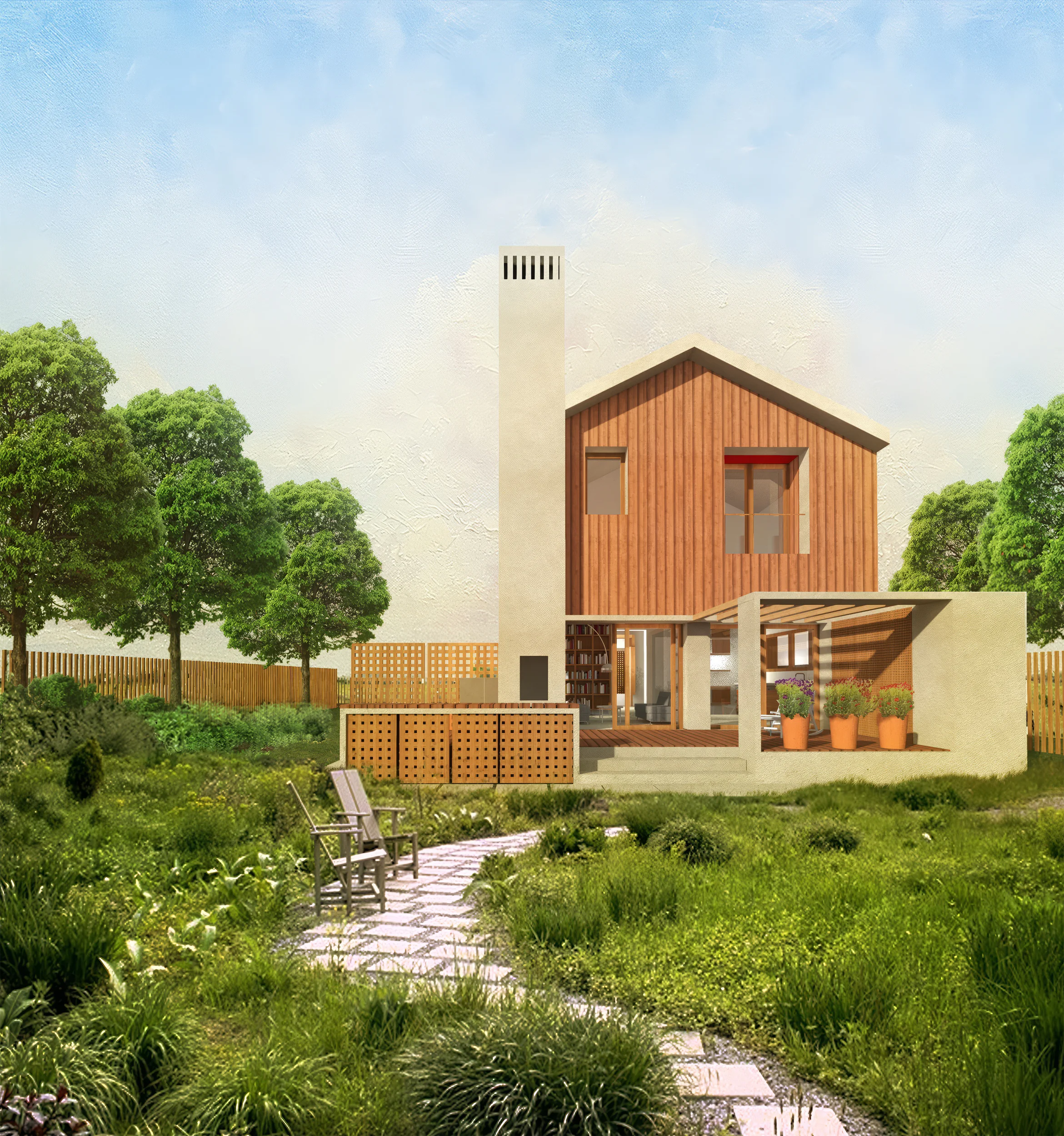 A two-story house with a wooden facade, patio, garden, and chimney.