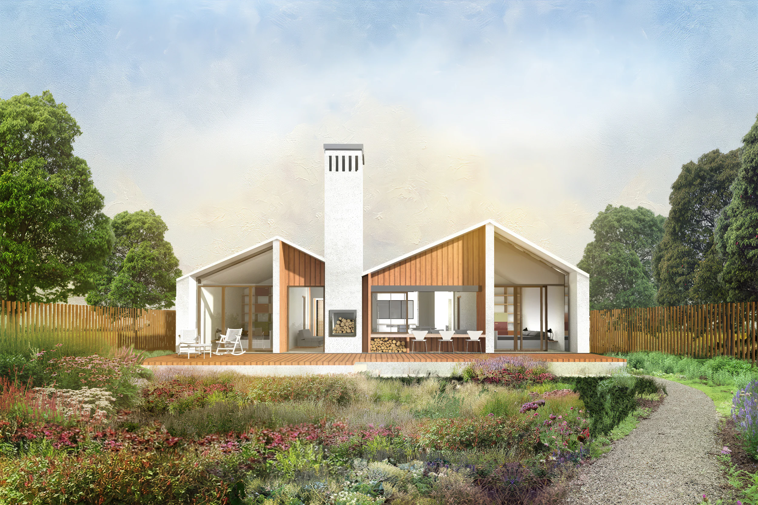 Современный дом с белым дымоходом и коричневыми деревянными акцентами среди сада и деревьев.