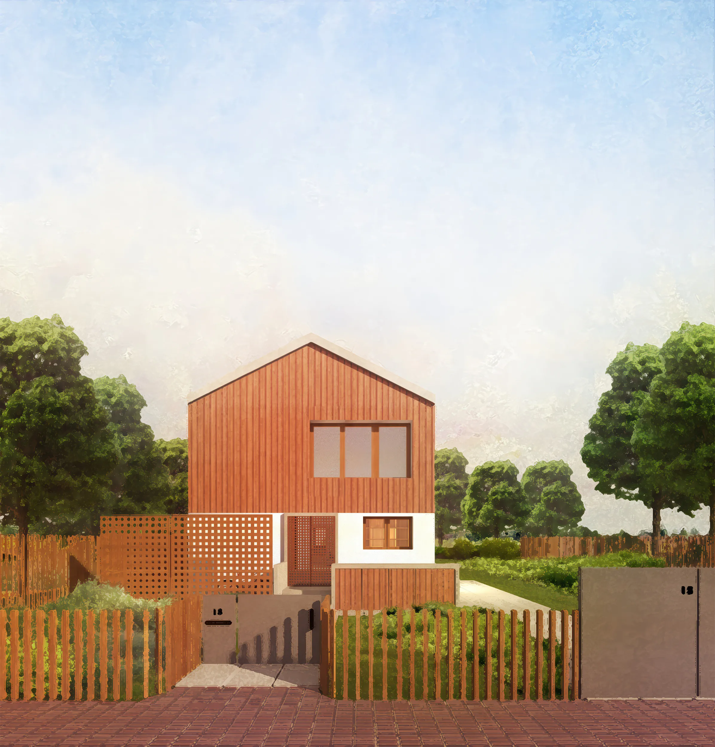 Современный дом с деревянным фасадом и огороженным двором.