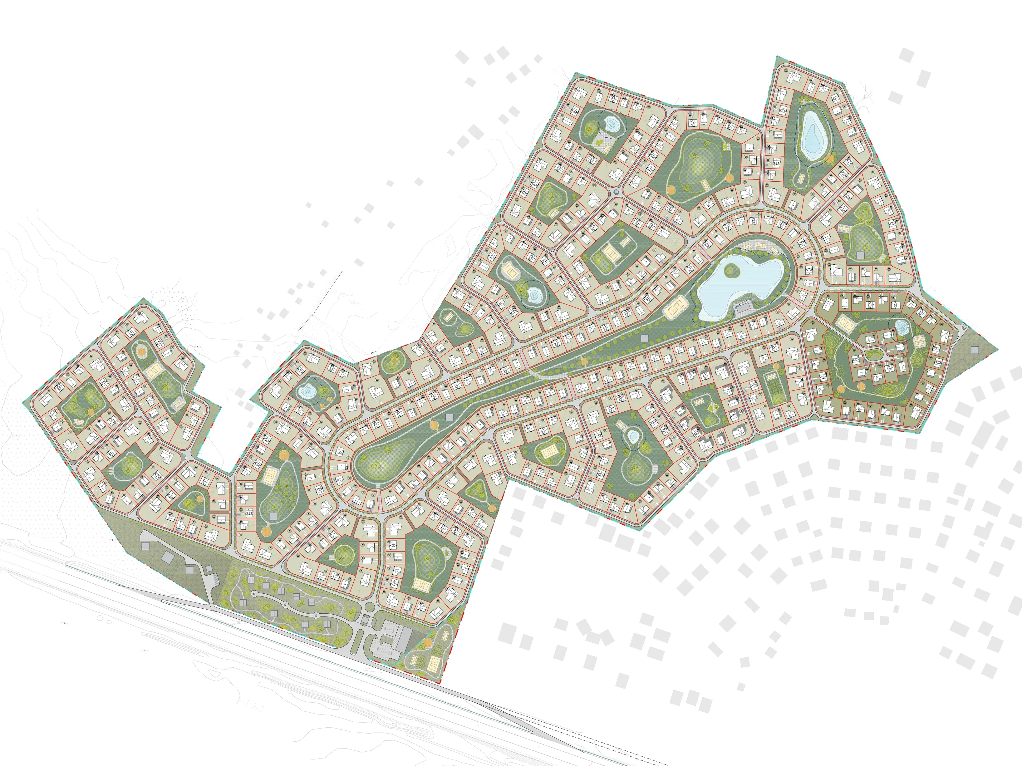 План жилого квартала с домами и озеленением на белом фоне.