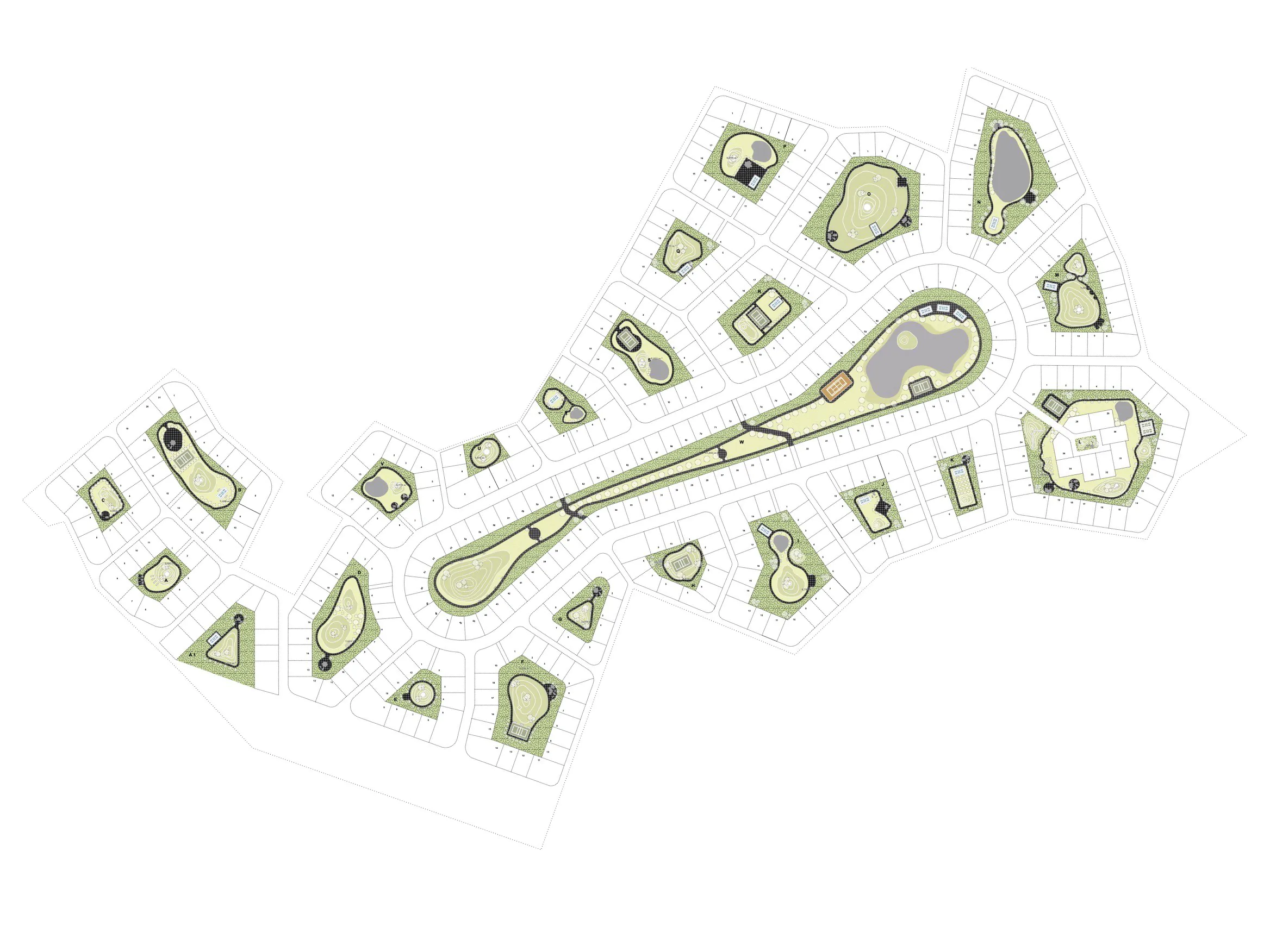 План парка с зелёными зонами, центральной дорожкой и несколькими зданиями.