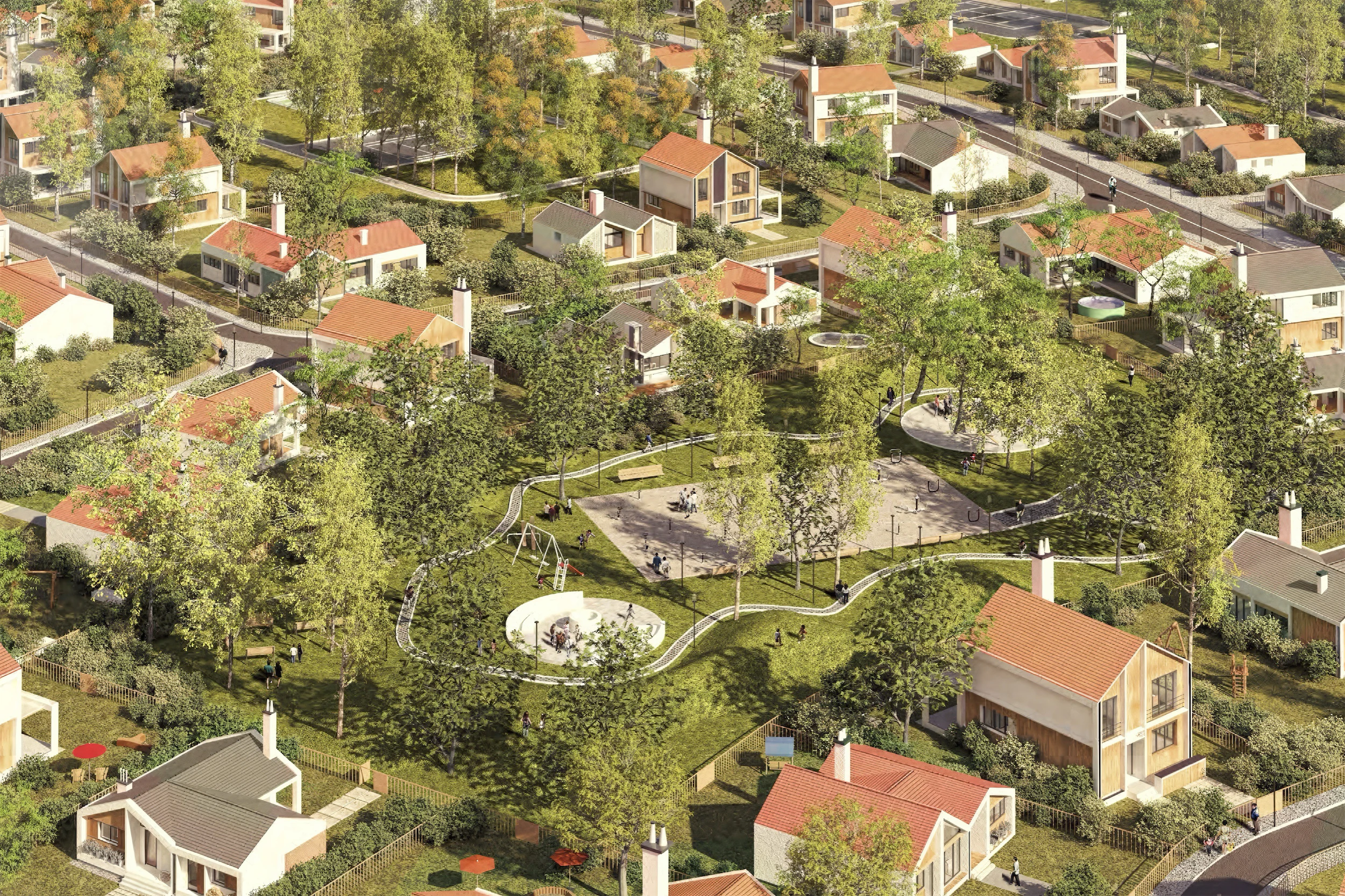 A suburban neighborhood with houses, trees, and a circular driveway.