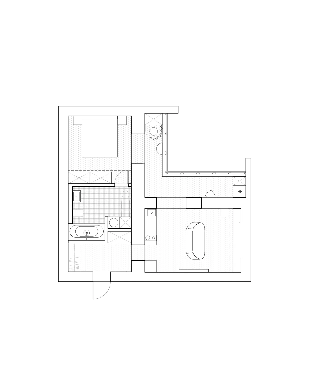 Планировка небольшой квартиры с ванной, кухней и жилой зоной. Чёрно-белый чертёж.