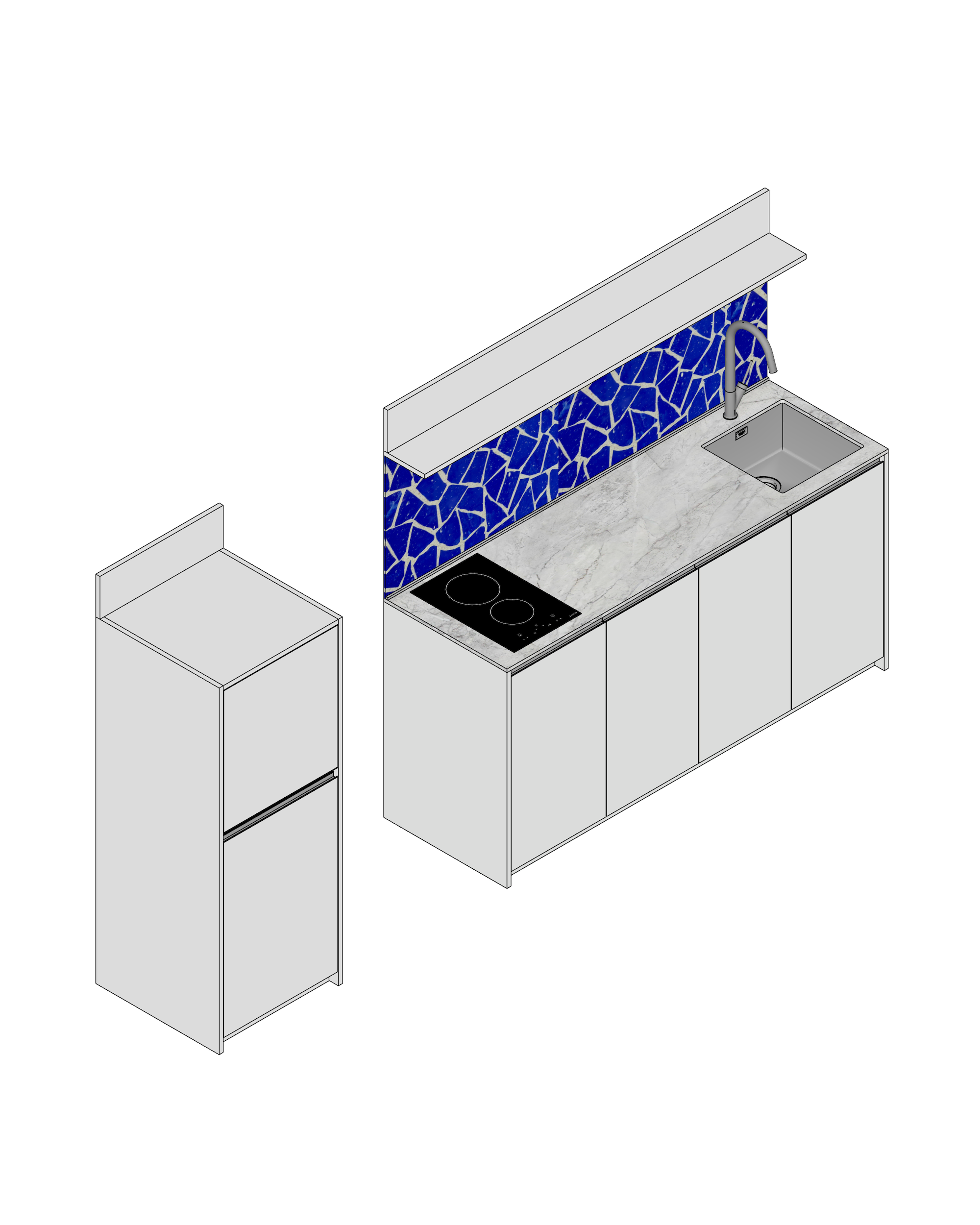 Кухонный остров и шкаф с синим фартуком на белом фоне.