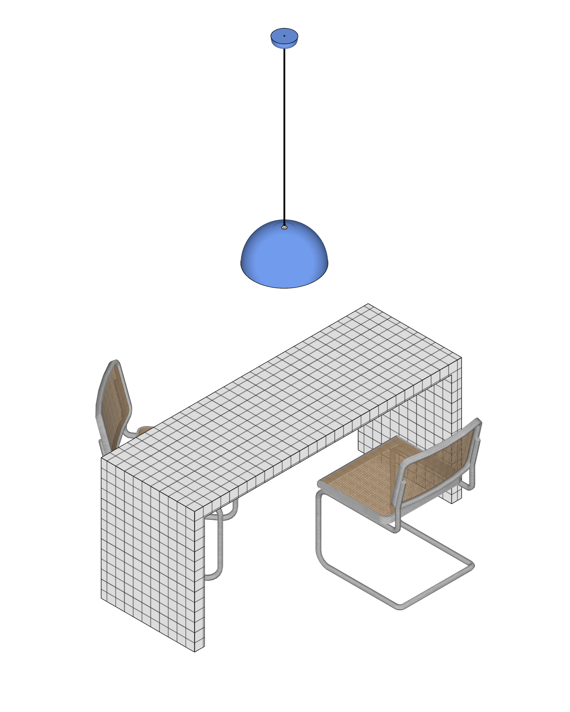 Стол и стул под синим светильником на белом фоне.