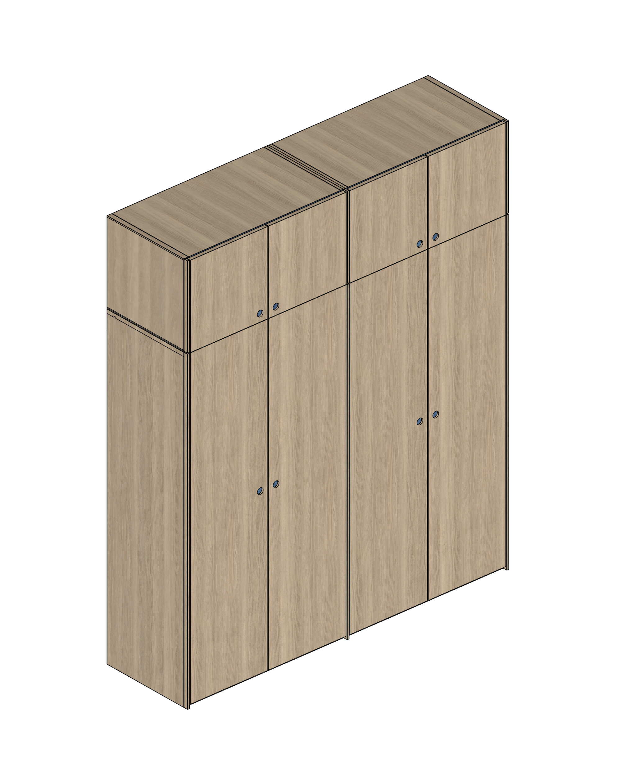 Шкаф из светлого дерева с тремя дверями и небольшим верхним ящиком на белом фоне.