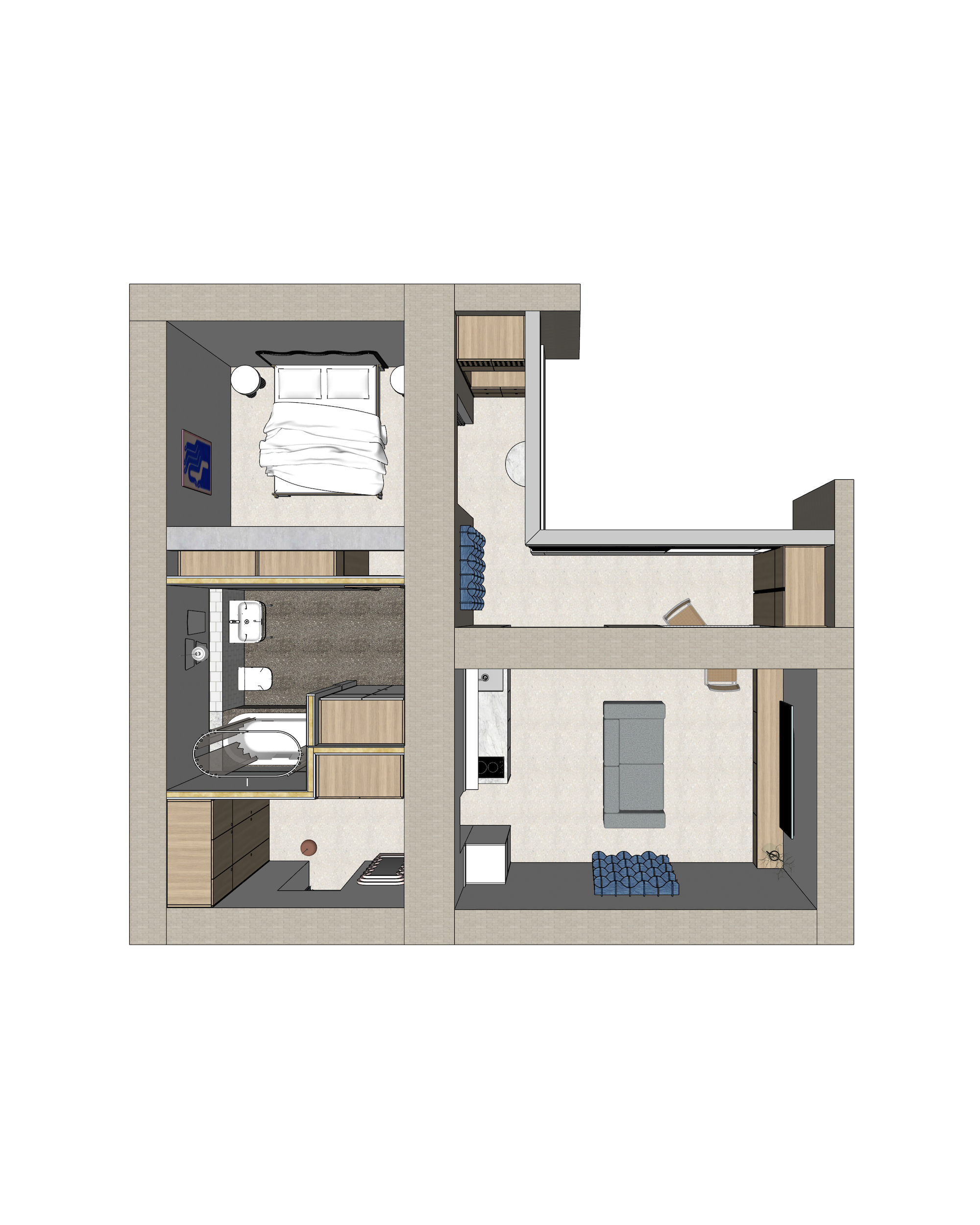 2D-визуализация компактной планировки спальни и ванной.